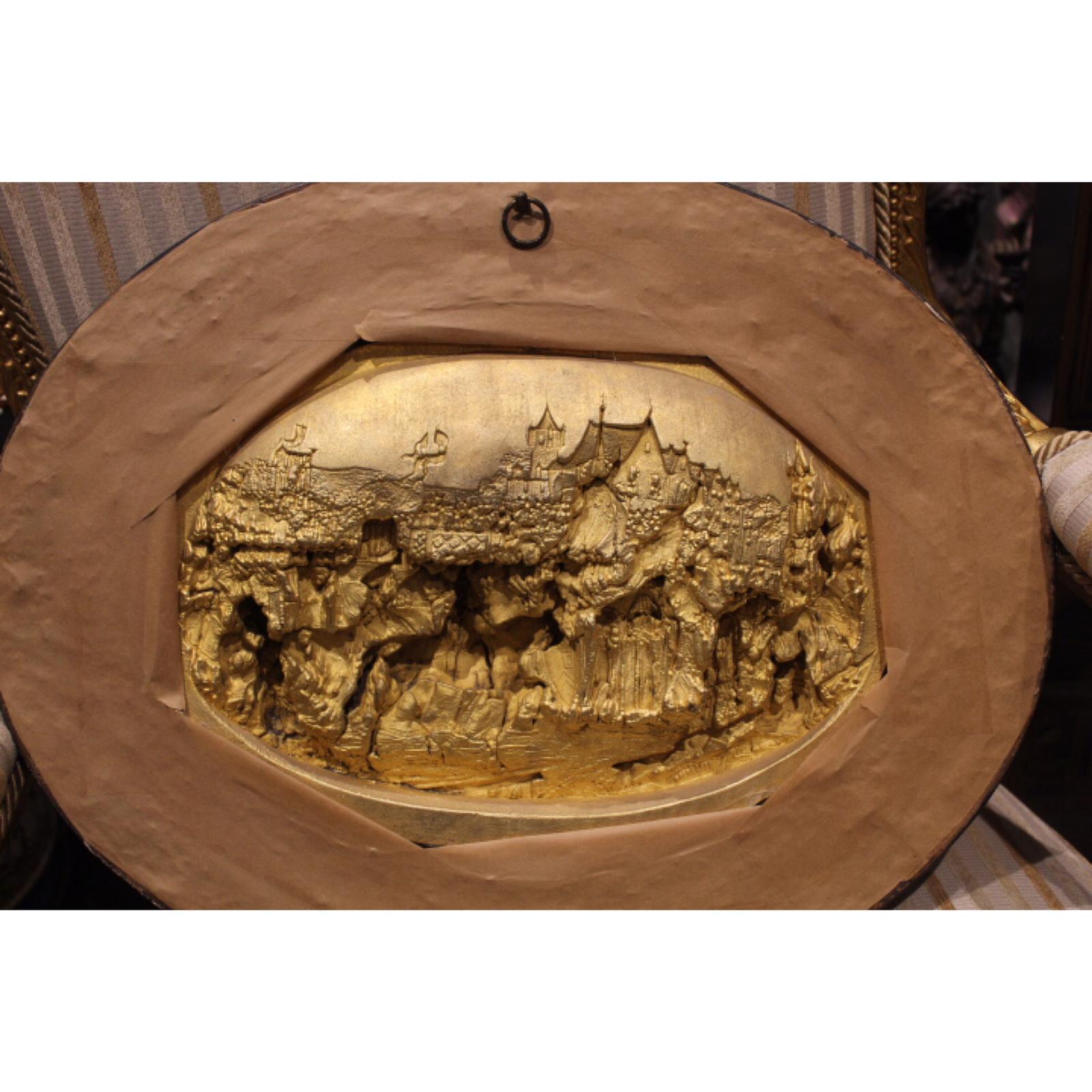 A large hand carved meerschaum bas relief plaque by Justin Mathieu; the scene shows Joan of Arc with her troops. The carving is intricate and very detailed. Meerschaum is a form of mineral known as sepiolite; it is sometimes found floating on the