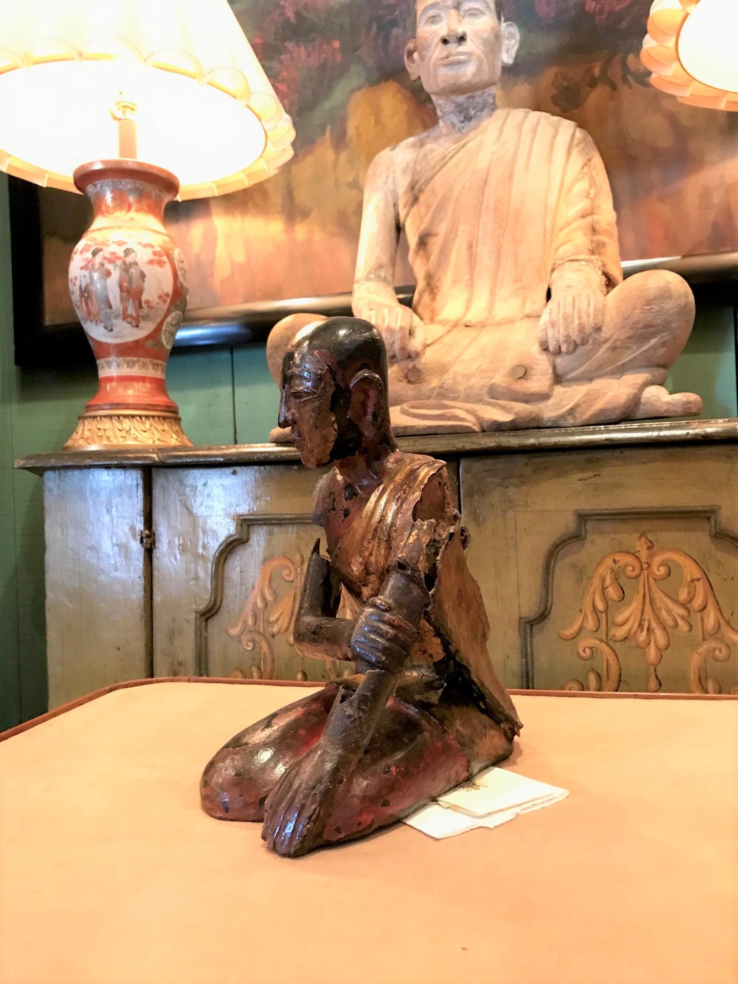 Hand-Crafted 19th C. Hand Carved & Metal Sculpture Seated Buddhist Monk Statue Antiques LA CA