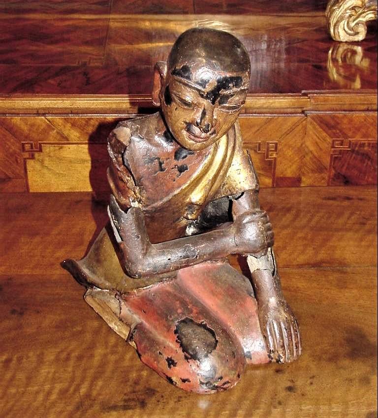 19th C. Hand Carved & Metal Sculpture Seated Buddhist Monk Statue Antiques LA CA 2