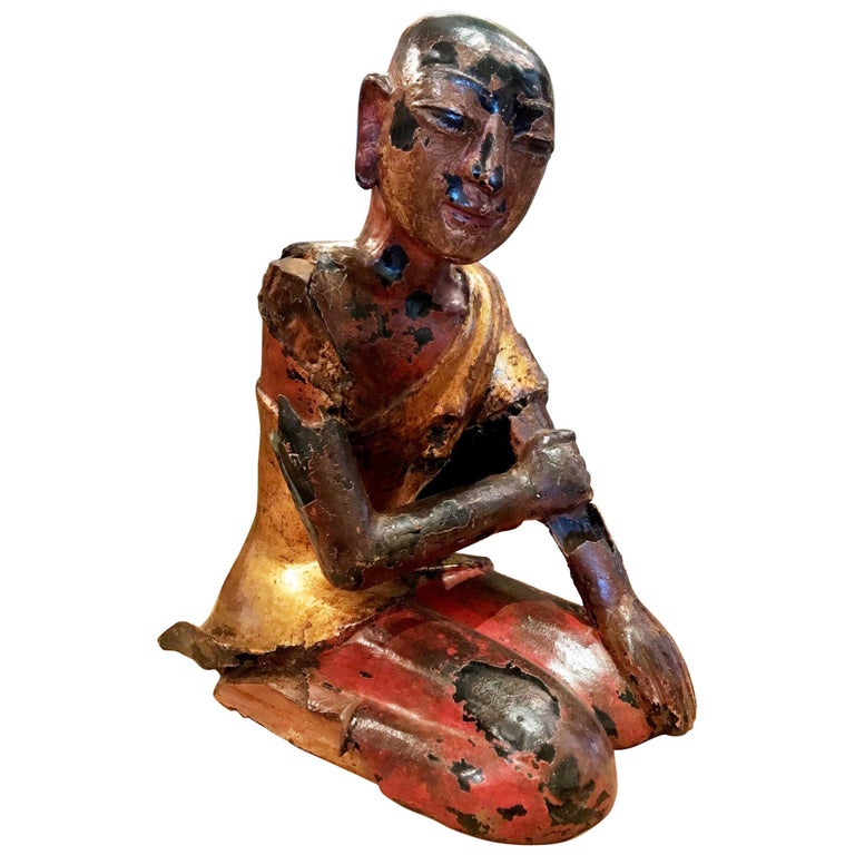 19th Century Hand Carved and Metal Sculpture of a Seated Buddhist Monk