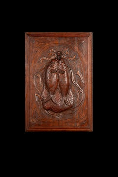 19th Century Hand-Carved Oak Panel with Fish and Creel Basket Relief