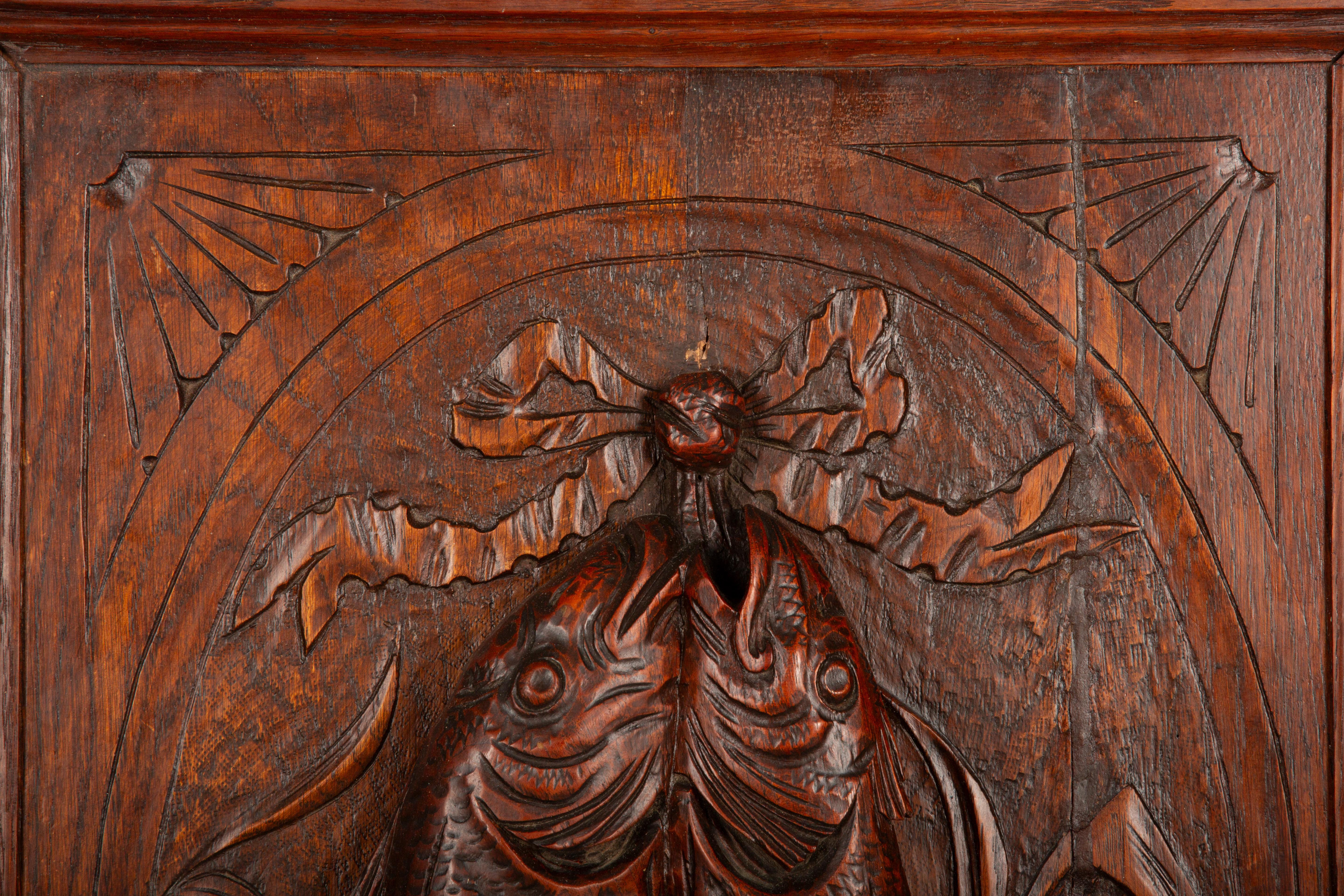 French 19th Century Hand-Carved Oak Panel with Fish and Creel Basket Relief