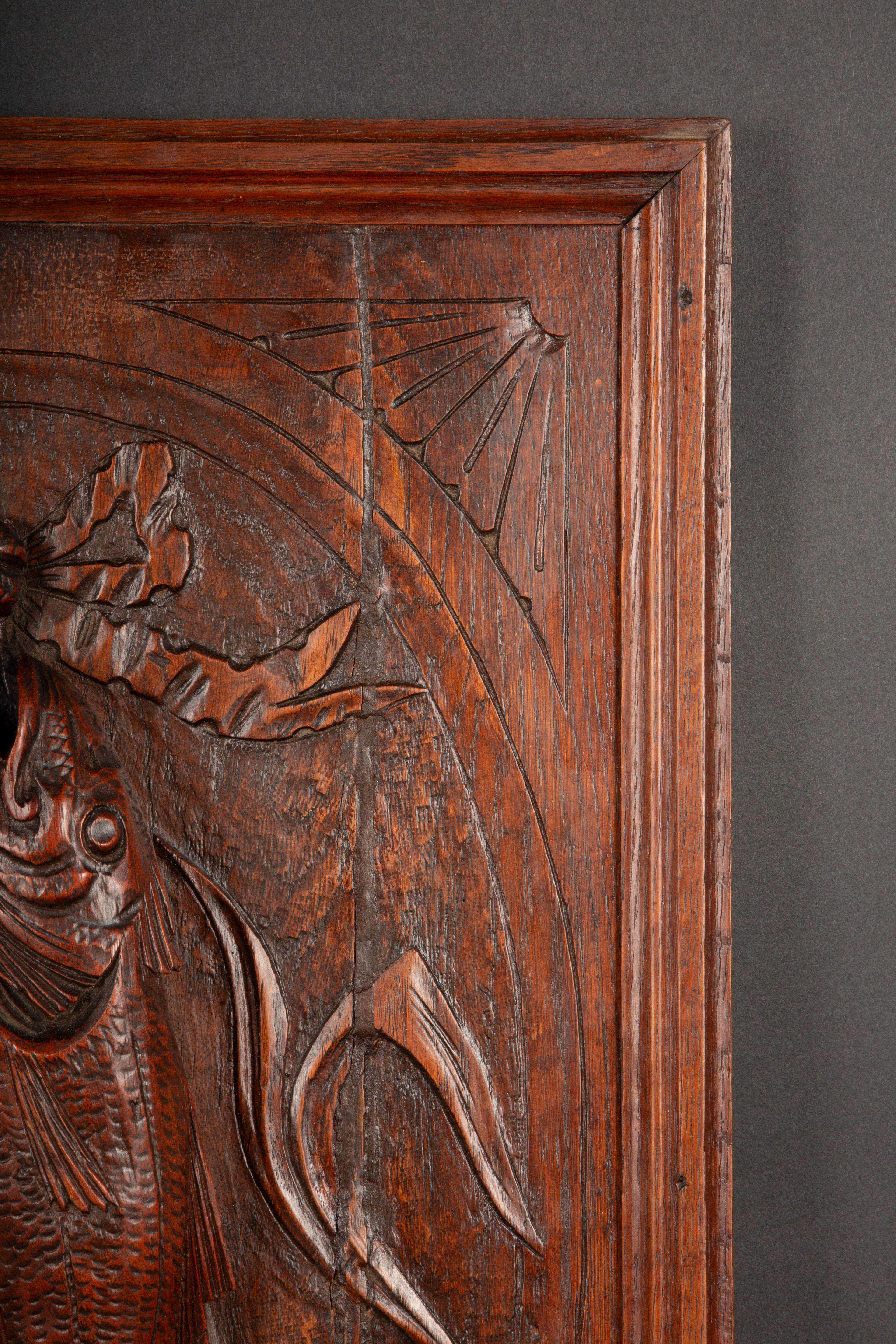 Wood 19th Century Hand-Carved Oak Panel with Fish and Creel Basket Relief