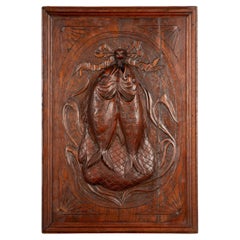 Antique 19th Century Hand-Carved Oak Panel with Fish and Creel Basket Relief