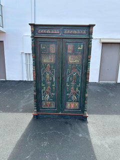 19th Century Hand Carved Painted Egyptian Turquoise Green Wardrobe