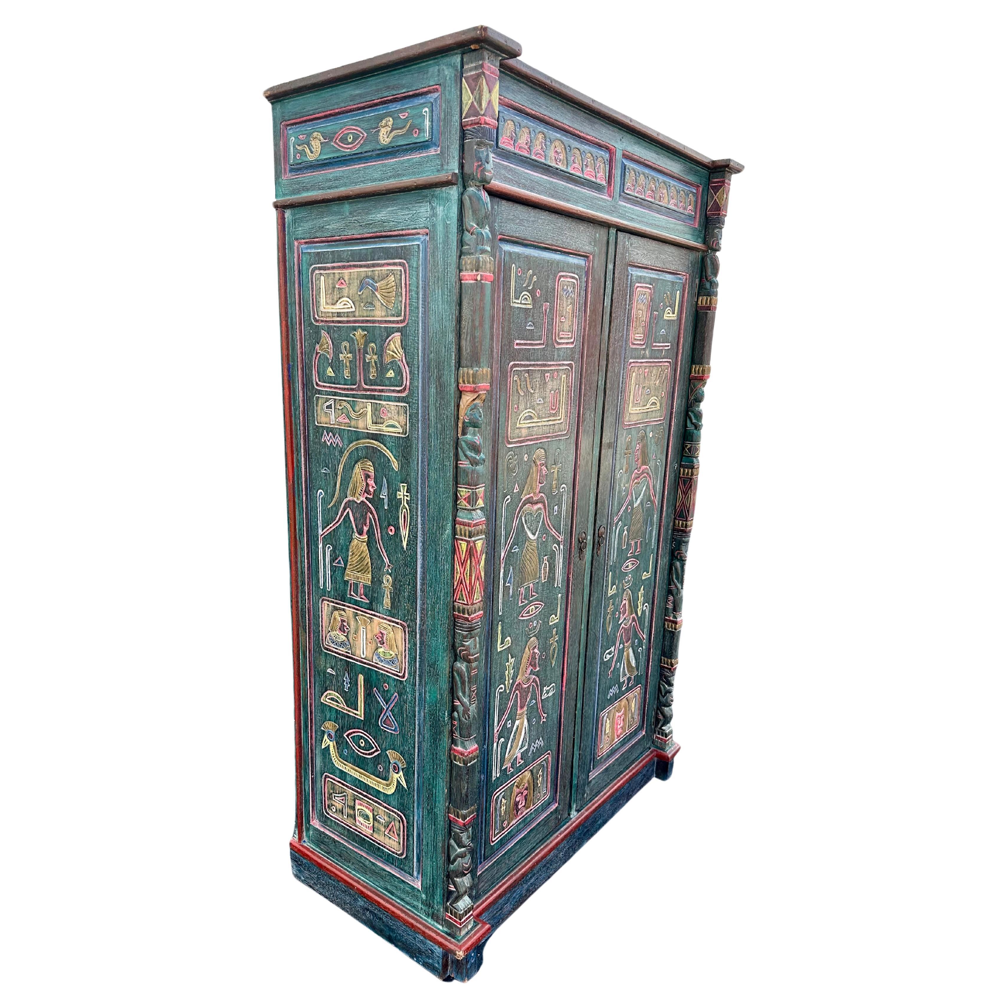 19th Century Hand Carved Painted Egyptian Turquoise Green Wardrobe