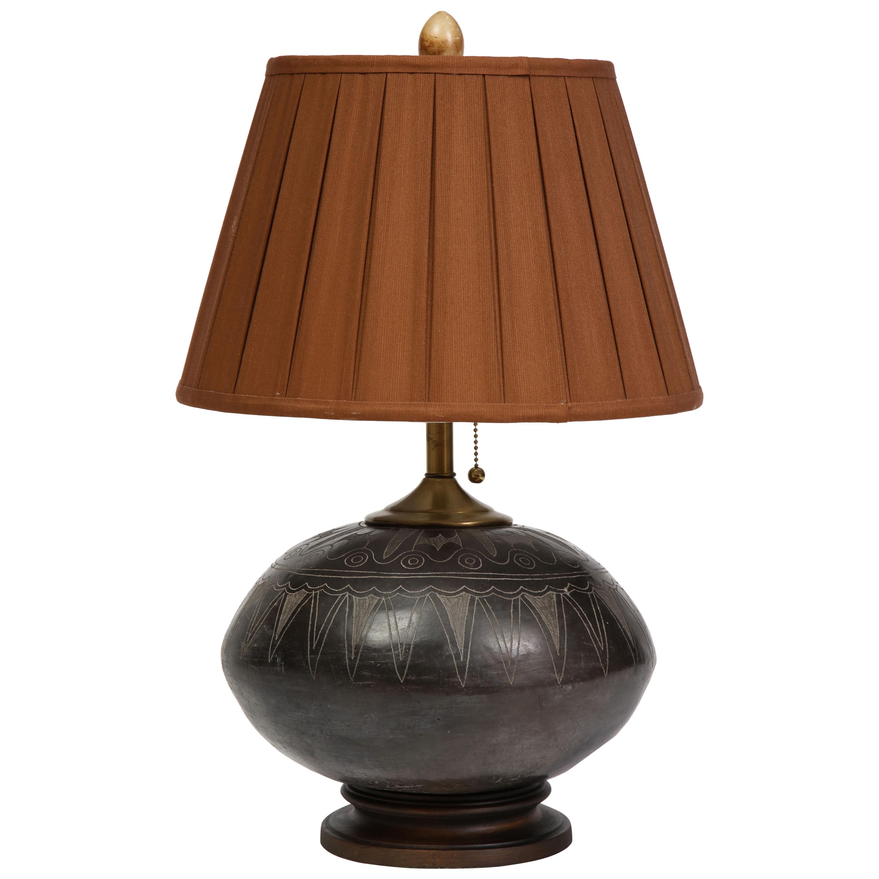 19th Century Hand Carved Peruvian Pottery Table Lamp