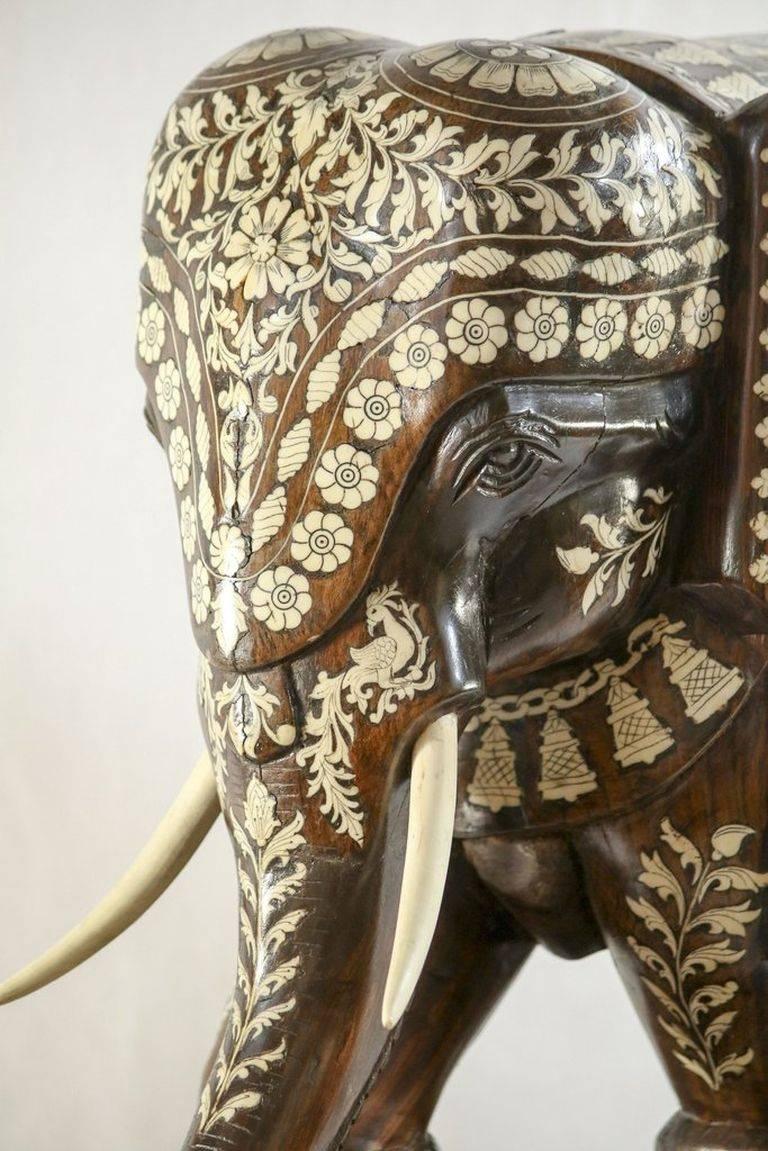 Indian Late C19th/Early C20th Handcarved Rosewood & Camel Bone Inlay Elephant On Plinth For Sale
