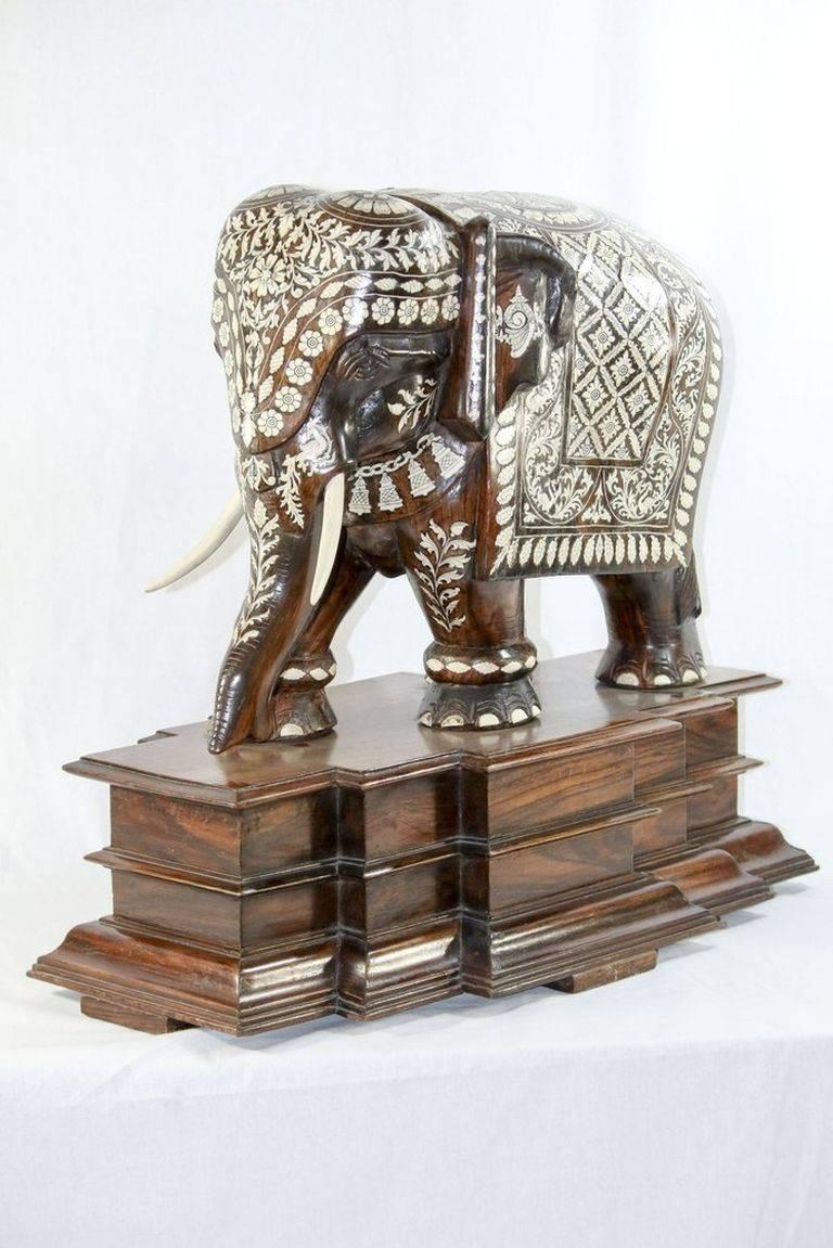 Carved Late C19th/Early C20th Handcarved Rosewood & Camel Bone Inlay Elephant On Plinth For Sale