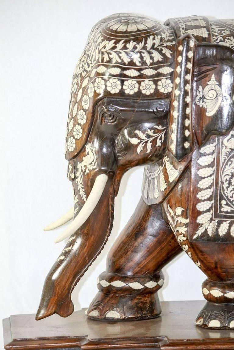 20th Century Late C19th/Early C20th Handcarved Rosewood & Camel Bone Inlay Elephant On Plinth For Sale