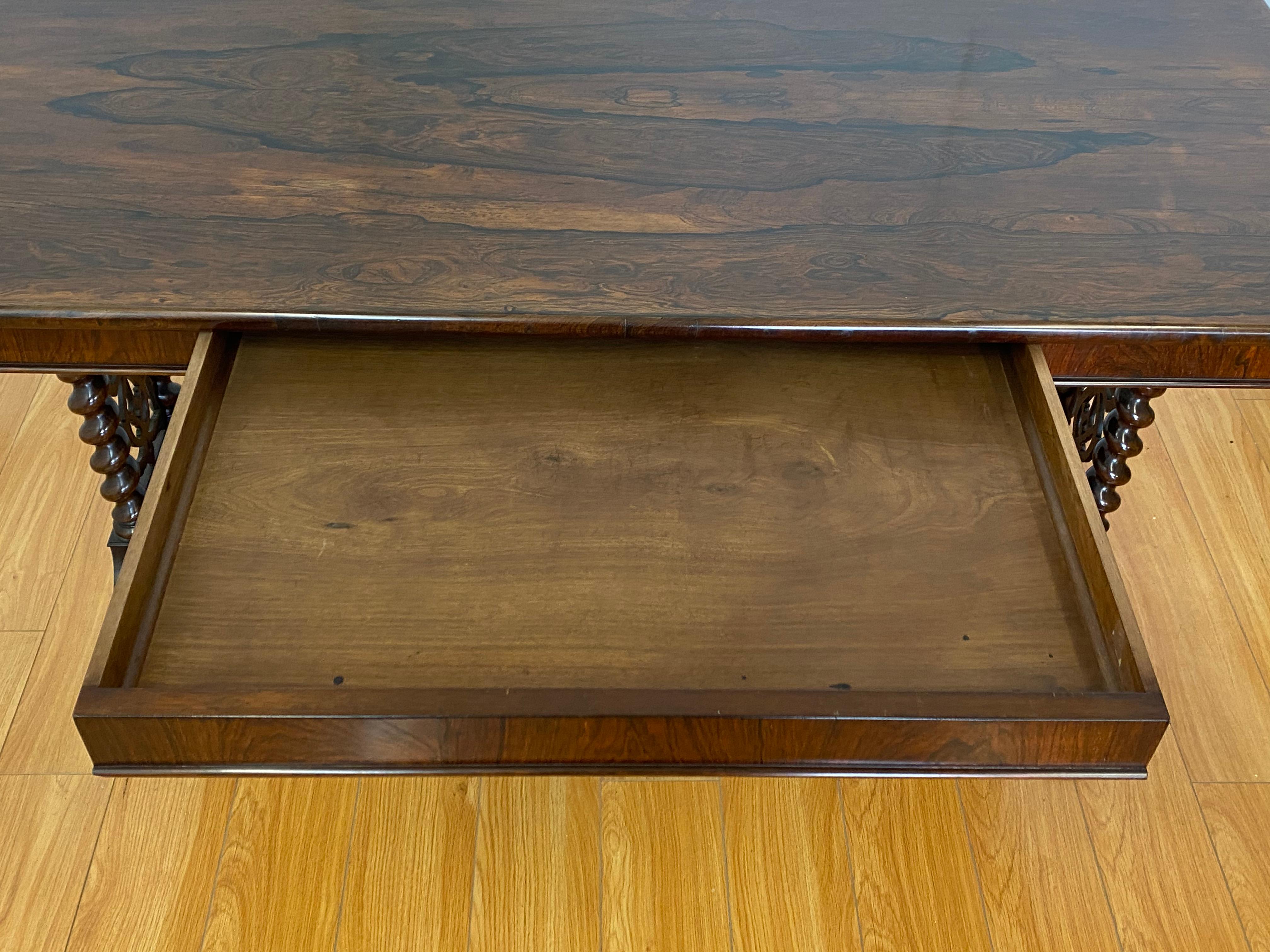 English 19th Century Hand Carved Rosewood Desk W/Barley Twist Legs & Trestle Base