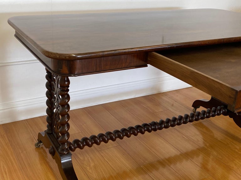 Hand-Carved 19th Century Hand Carved Rosewood Desk W/Barley Twist Legs & Trestle Base For Sale