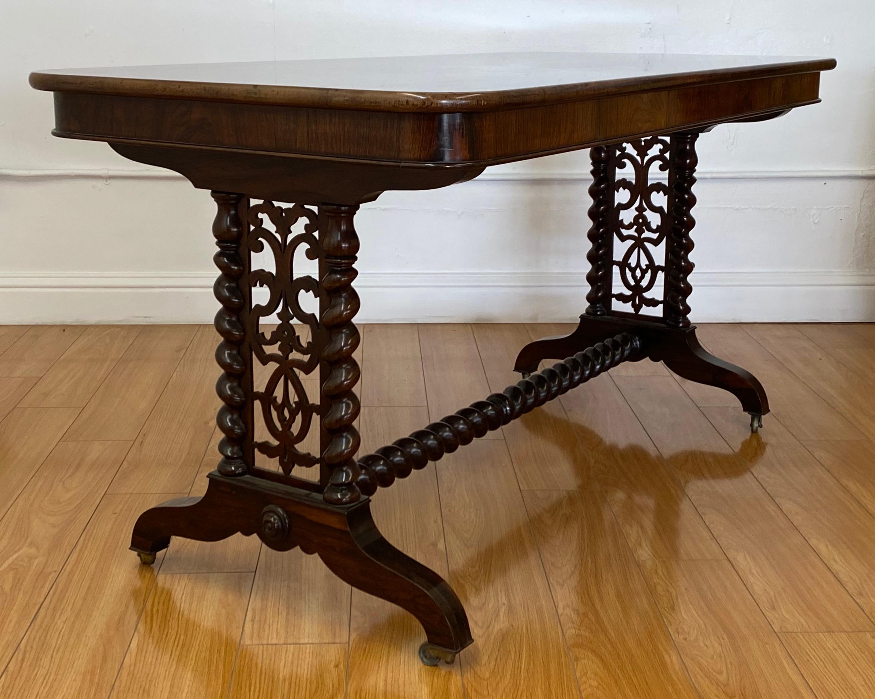 19th Century Hand Carved Rosewood Desk W/Barley Twist Legs & Trestle Base In Good Condition In San Francisco, CA