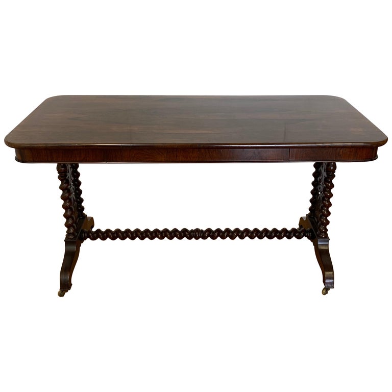 19th Century Hand Carved Rosewood Desk W/Barley Twist Legs & Trestle Base For Sale