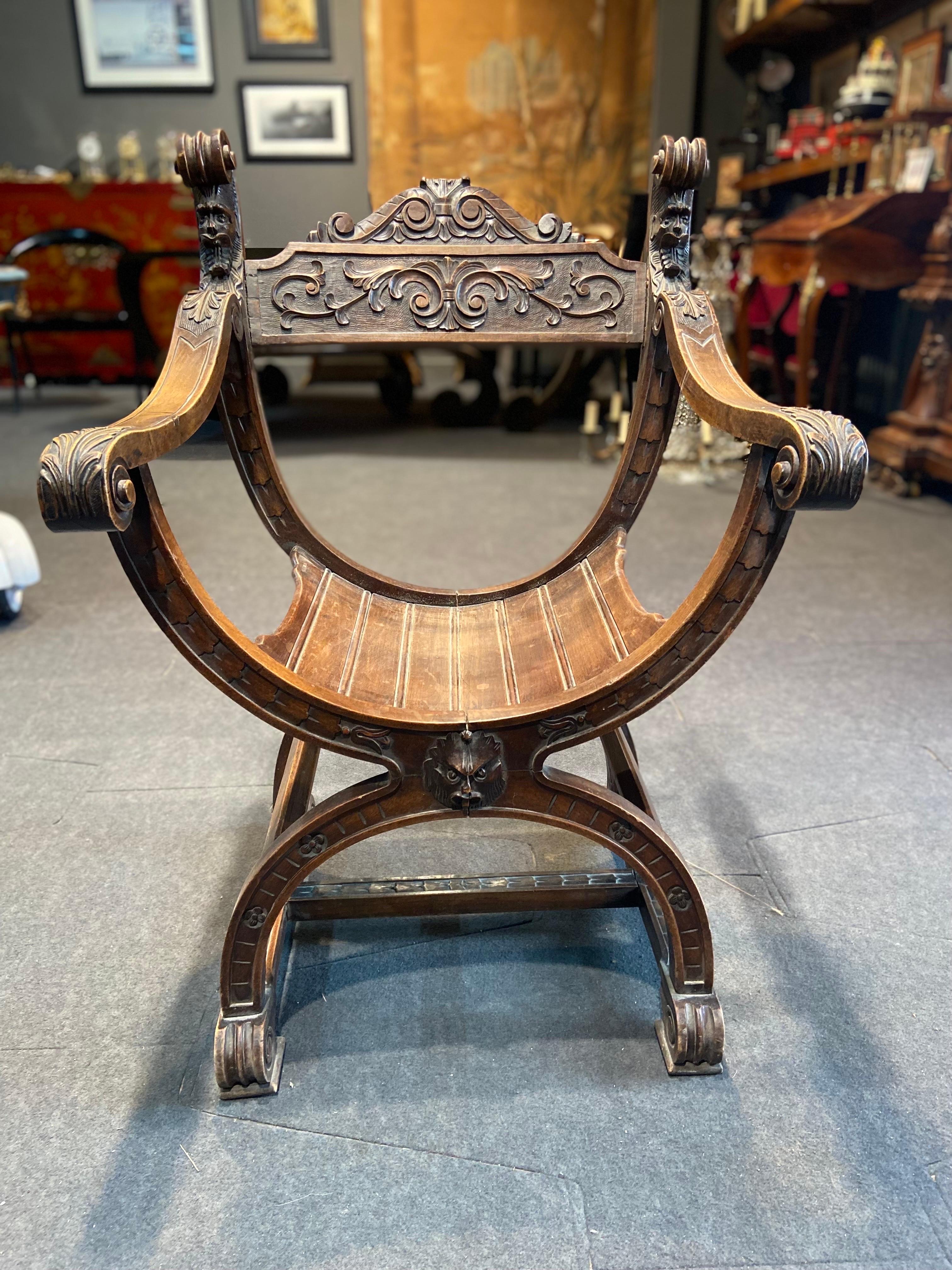 Hand-Carved 19th Century Hand Carved Savonarola Walnut Chair in Henry II Style For Sale