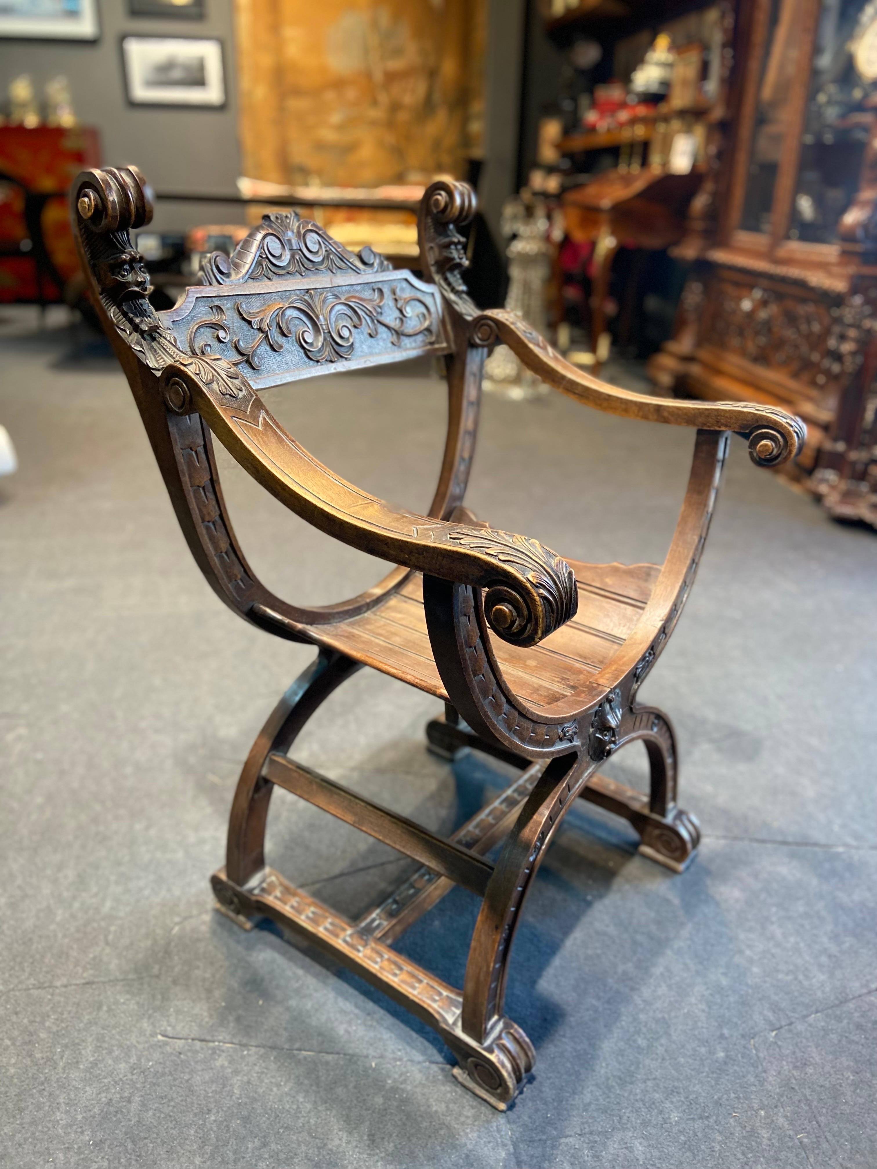 19th Century Hand Carved Savonarola Walnut Chair in Henry II Style For Sale 2
