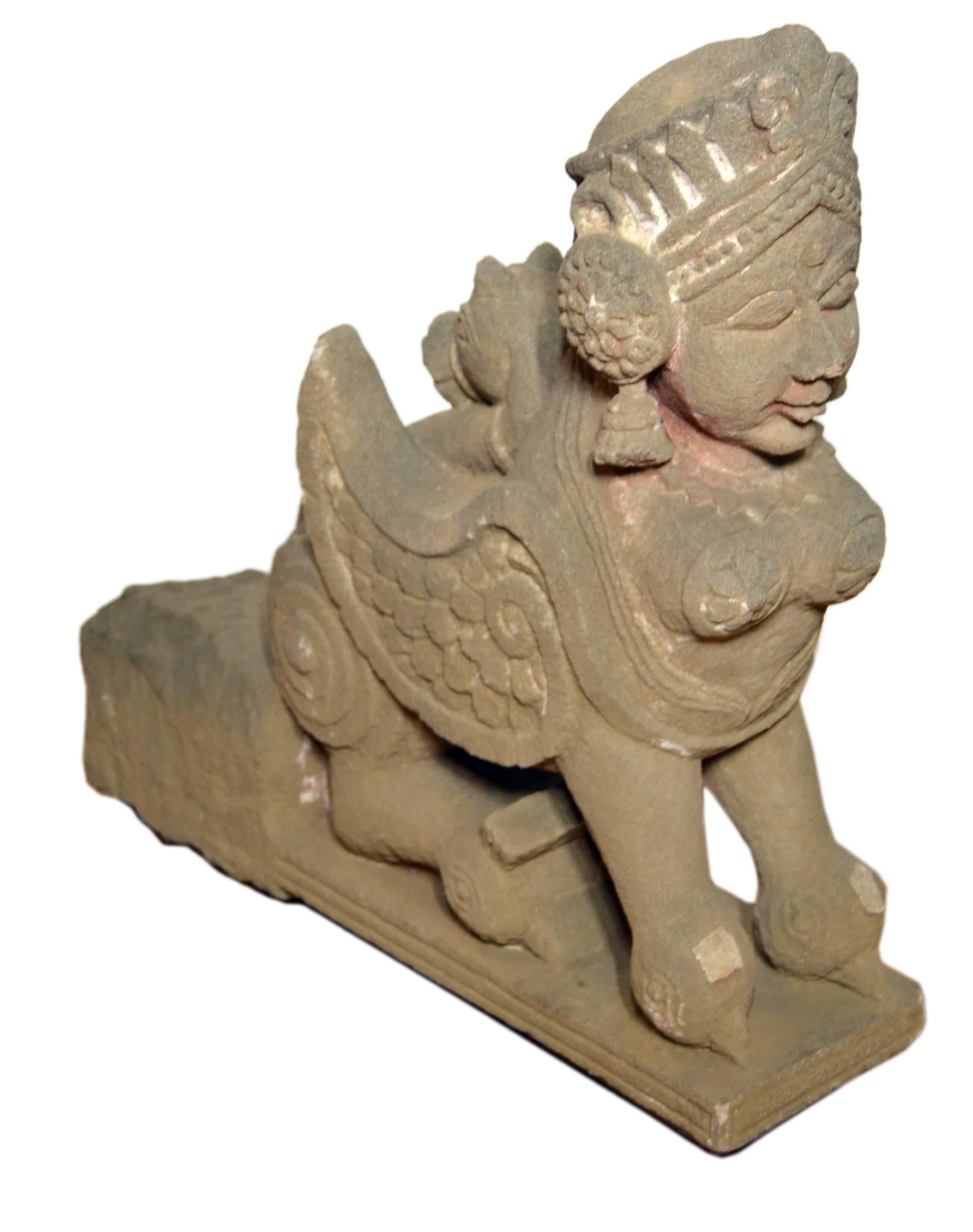 19th Century Hand-Carved Stone Sphinx Sculpture with Tiara and Earrings In Good Condition For Sale In Yonkers, NY