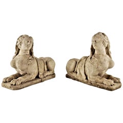 Paire de statues de sphinx en pierre sculptées à la main du 19ème siècle - Garden Antiques LA CA