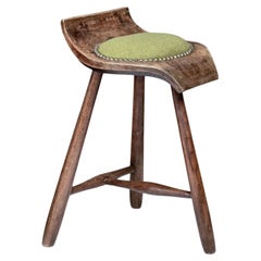 19th Century Hand-Carved Stool with Circular Upholstered Seat