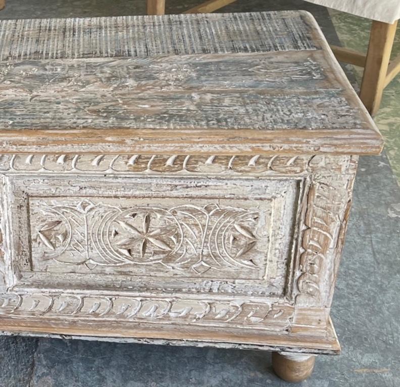 This is a very old 19th century hand carved oak trunk or chest from Tibet. It still has its original hardware.