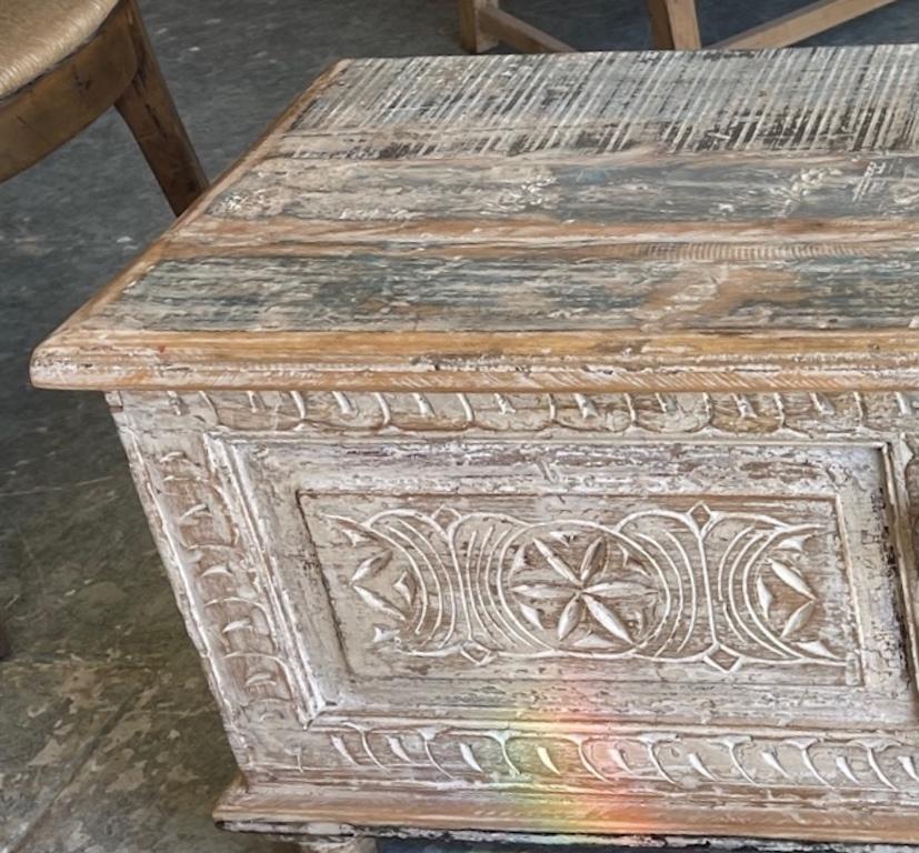 Hand-Crafted 19th Century Hand Carved Tibetan Oak Chest or Trunk with Original Hardware