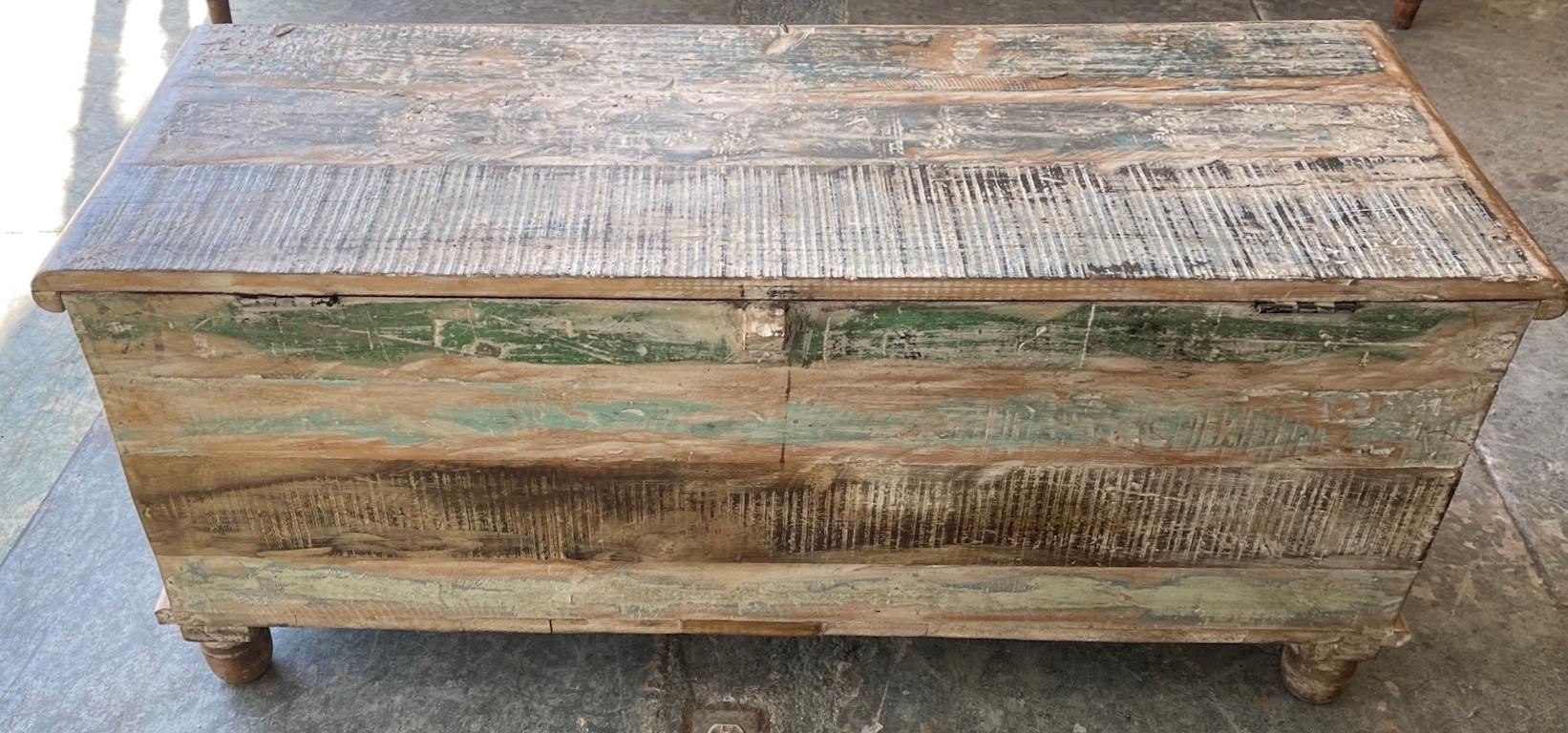 19th Century Hand Carved Tibetan Oak Chest or Trunk with Original Hardware In Distressed Condition In Santa Monica, CA