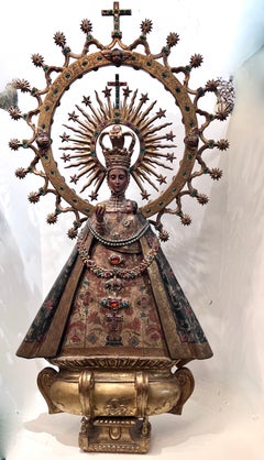 19th Century Hand Carved "Virgen de Atocha" with Encrusted Jewels and Cherubs