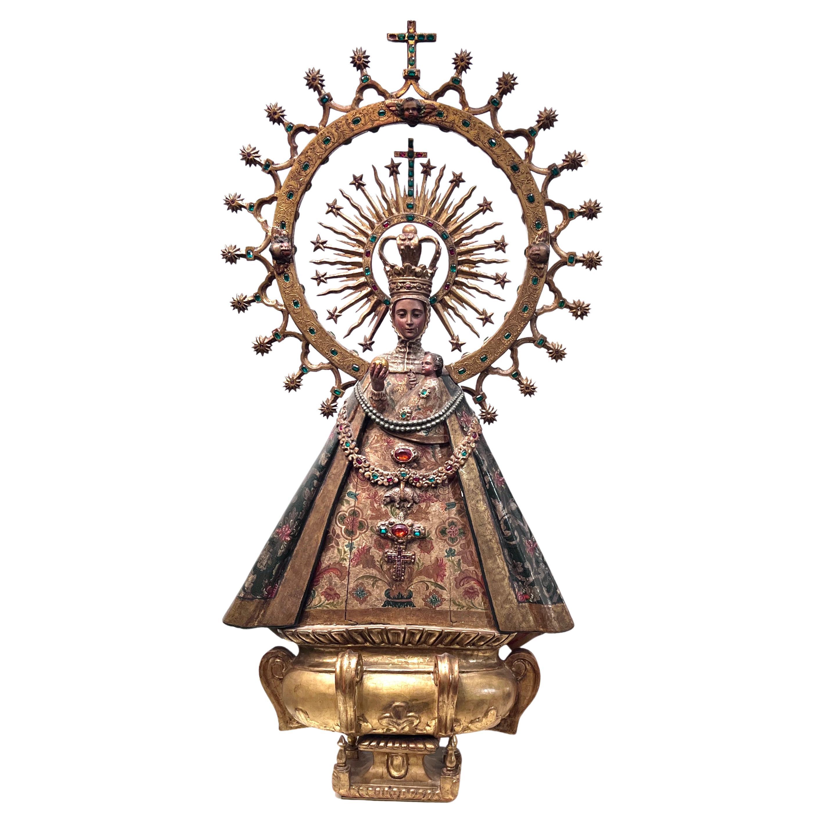 19th Century Hand Carved "Virgen de Atocha" with Encrusted Jewels and Cherubs