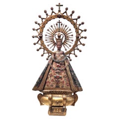 Antique 19th Century Hand Carved "Virgen de Atocha" with Encrusted Jewels and Cherubs