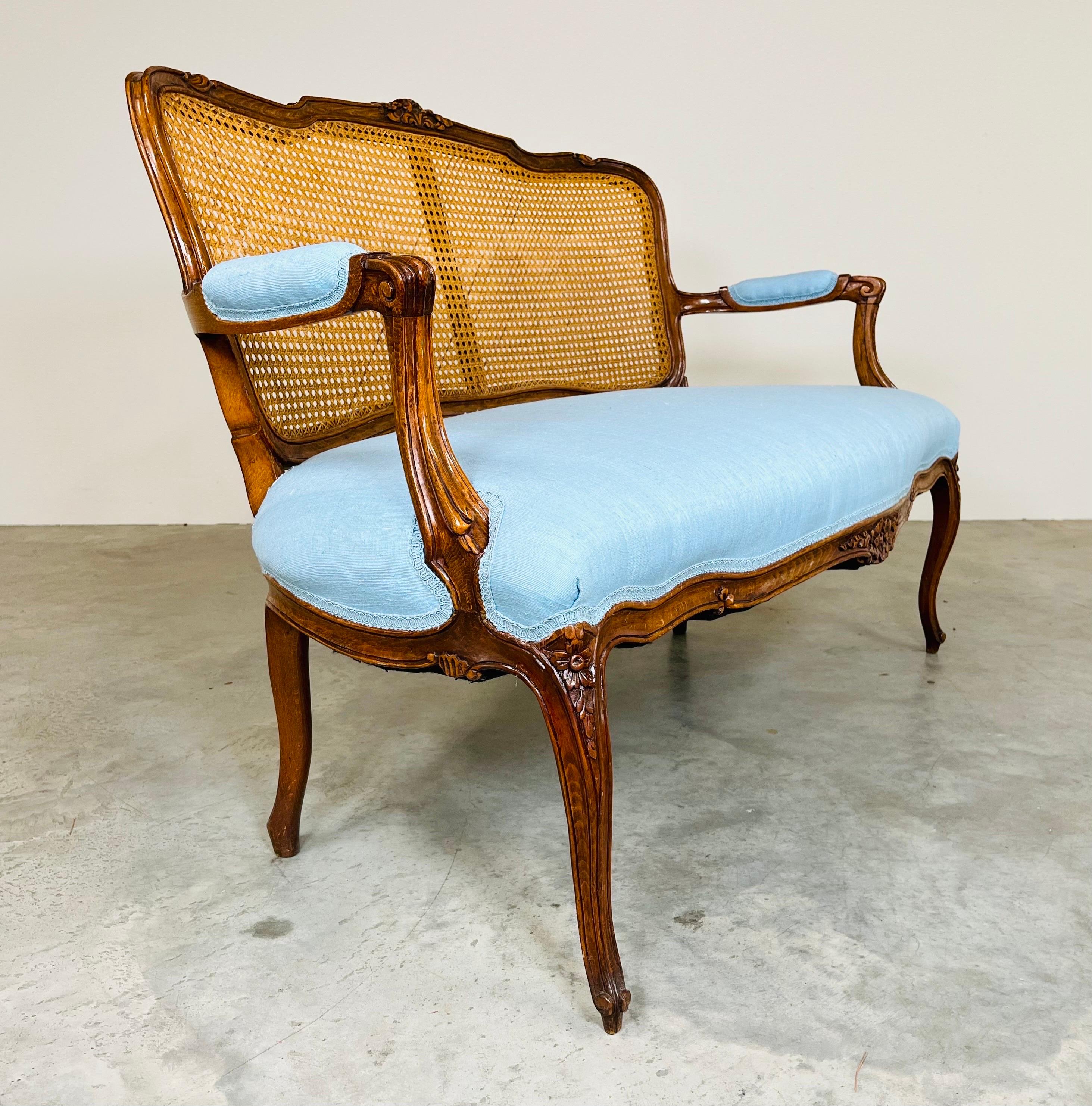 19th Century Hand Carved Walnut Louis XV Settee or Bench with Silk Upholstery 2