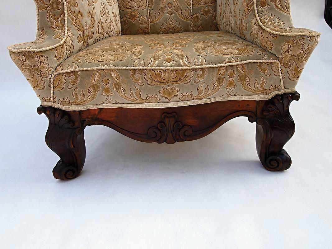 Hand-Carved 19th Century Hand Carved Walnut Wing Chair