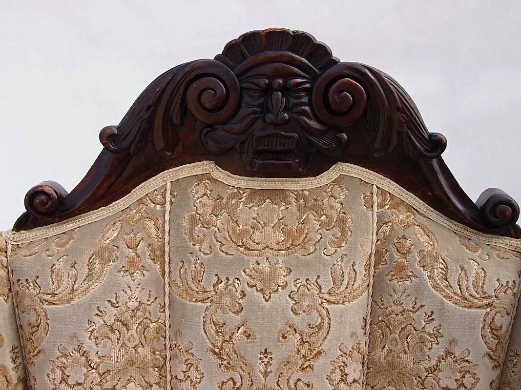 Upholstery 19th Century Hand Carved Walnut Wing Chair