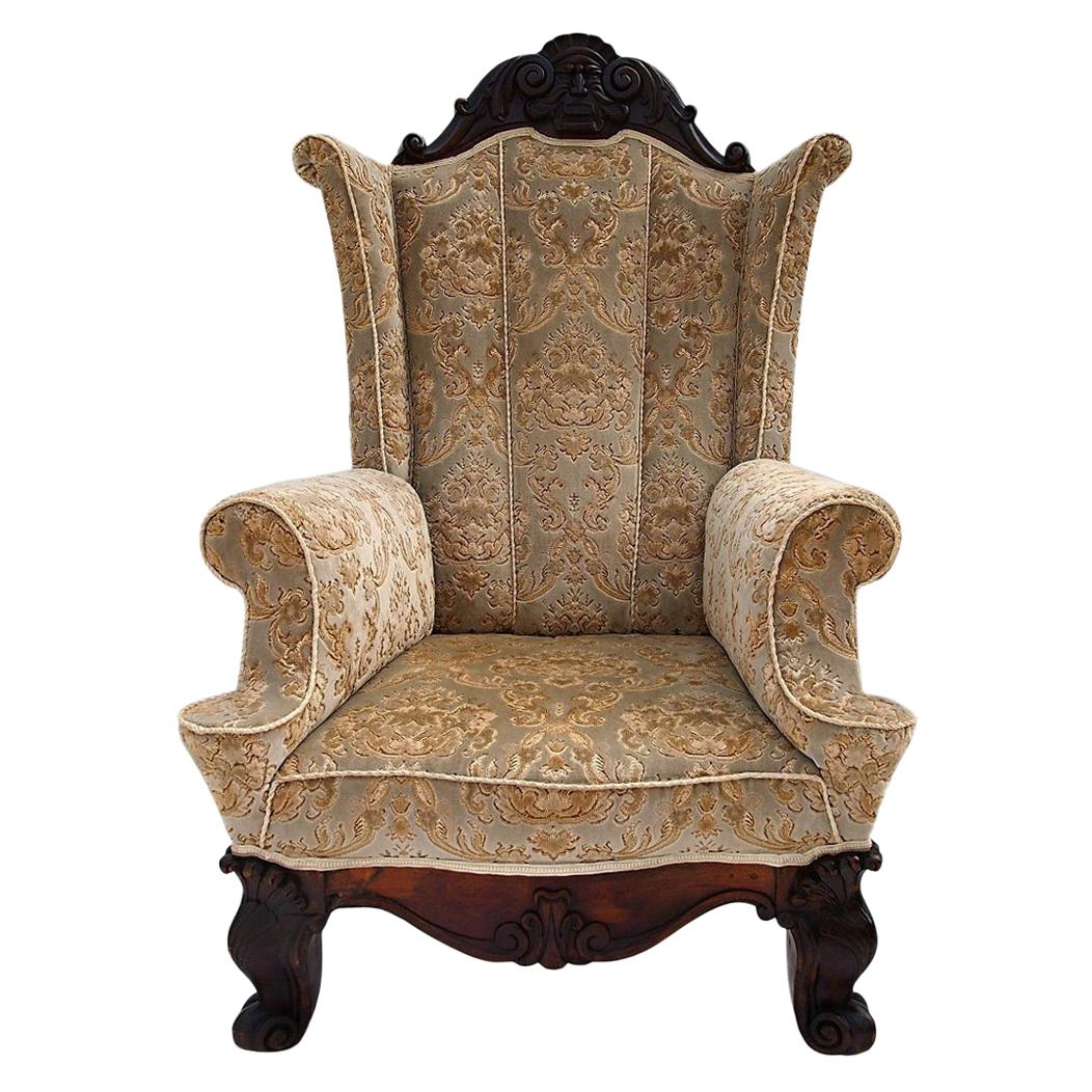 19th Century Hand Carved Walnut Wing Chair
