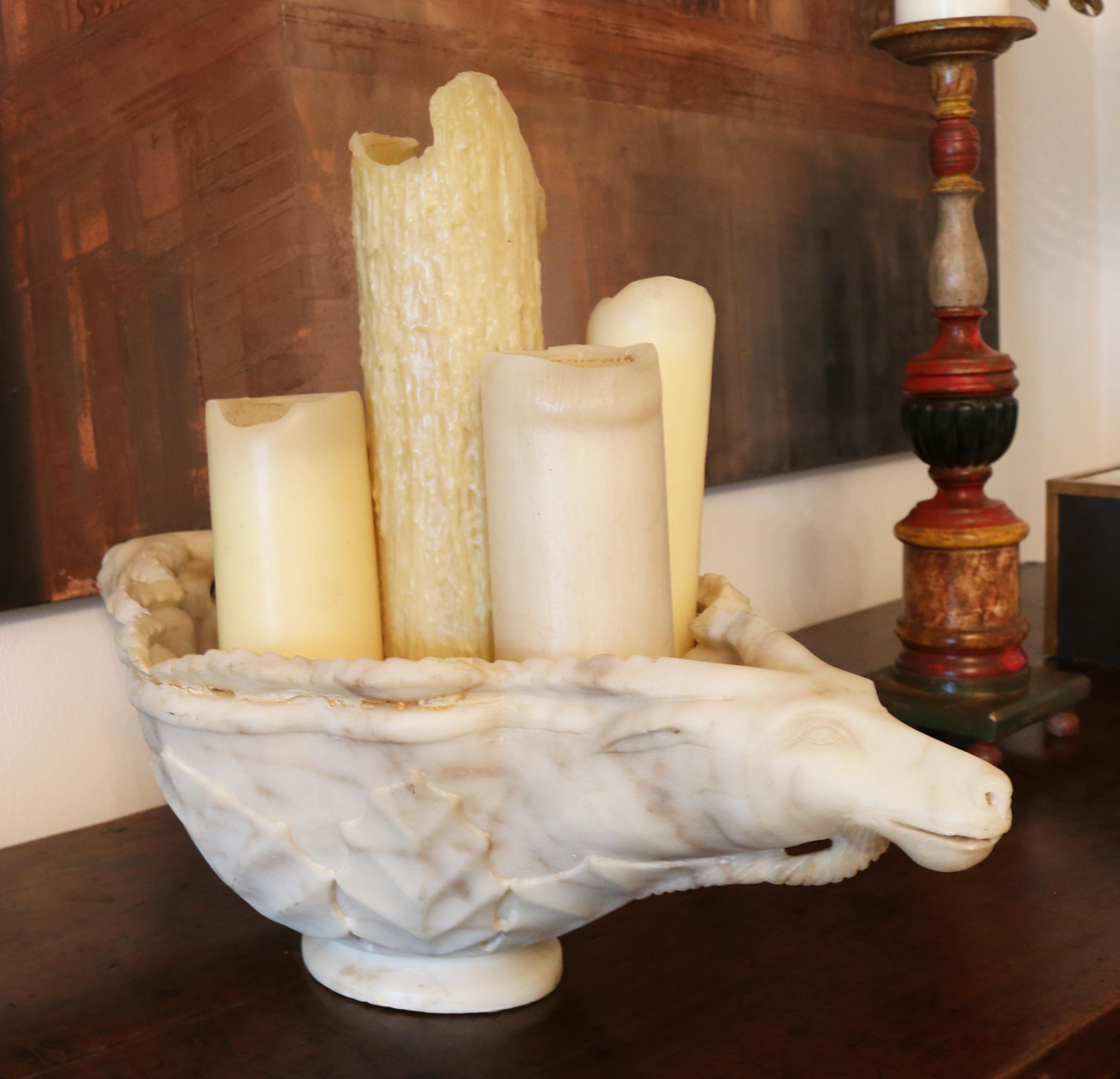 19th Century Hand Carved White Marble Conch Bowl with Goat Heads For Sale 5