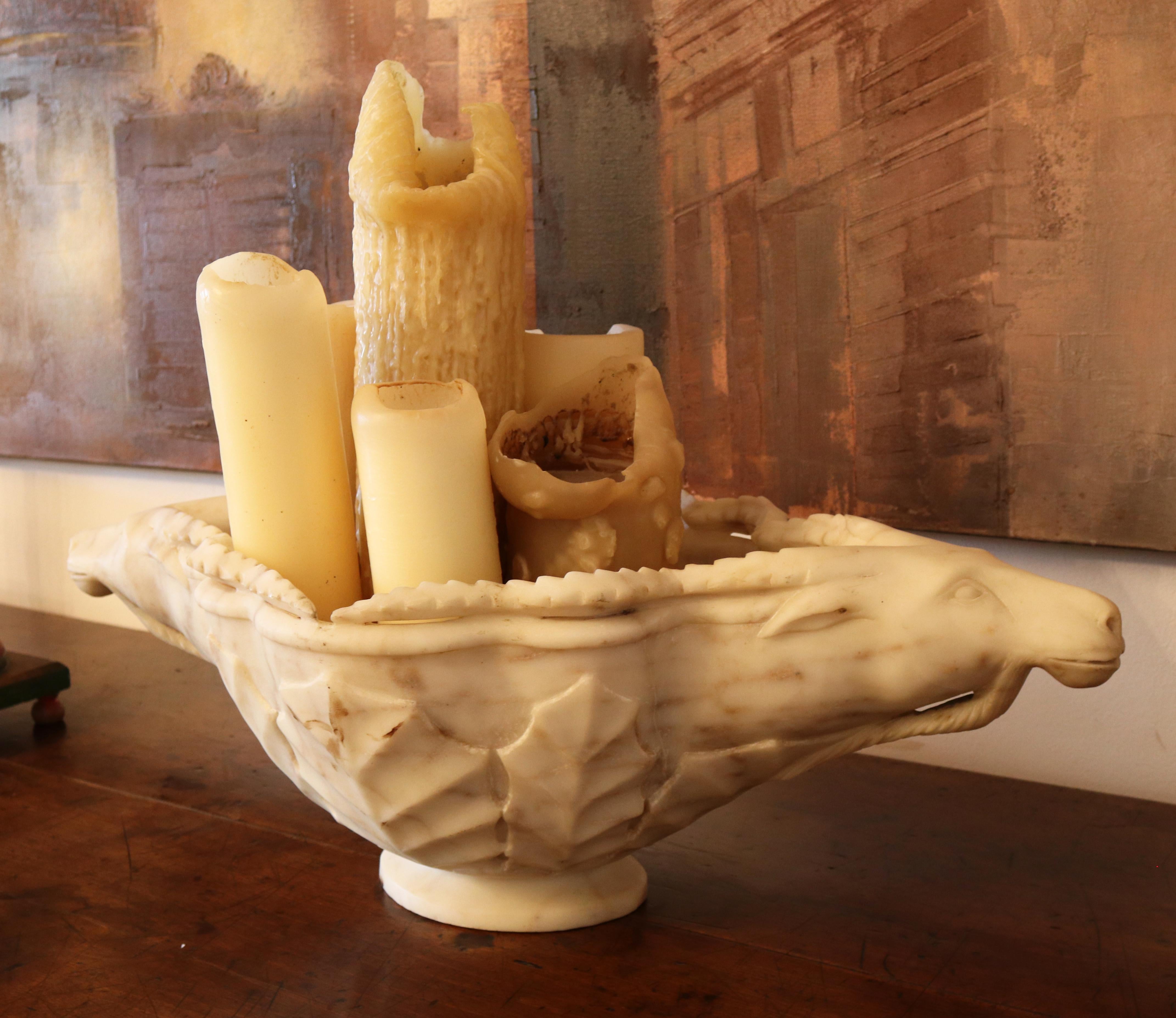 19th century hand carved white marble conch bowl with goat heads.