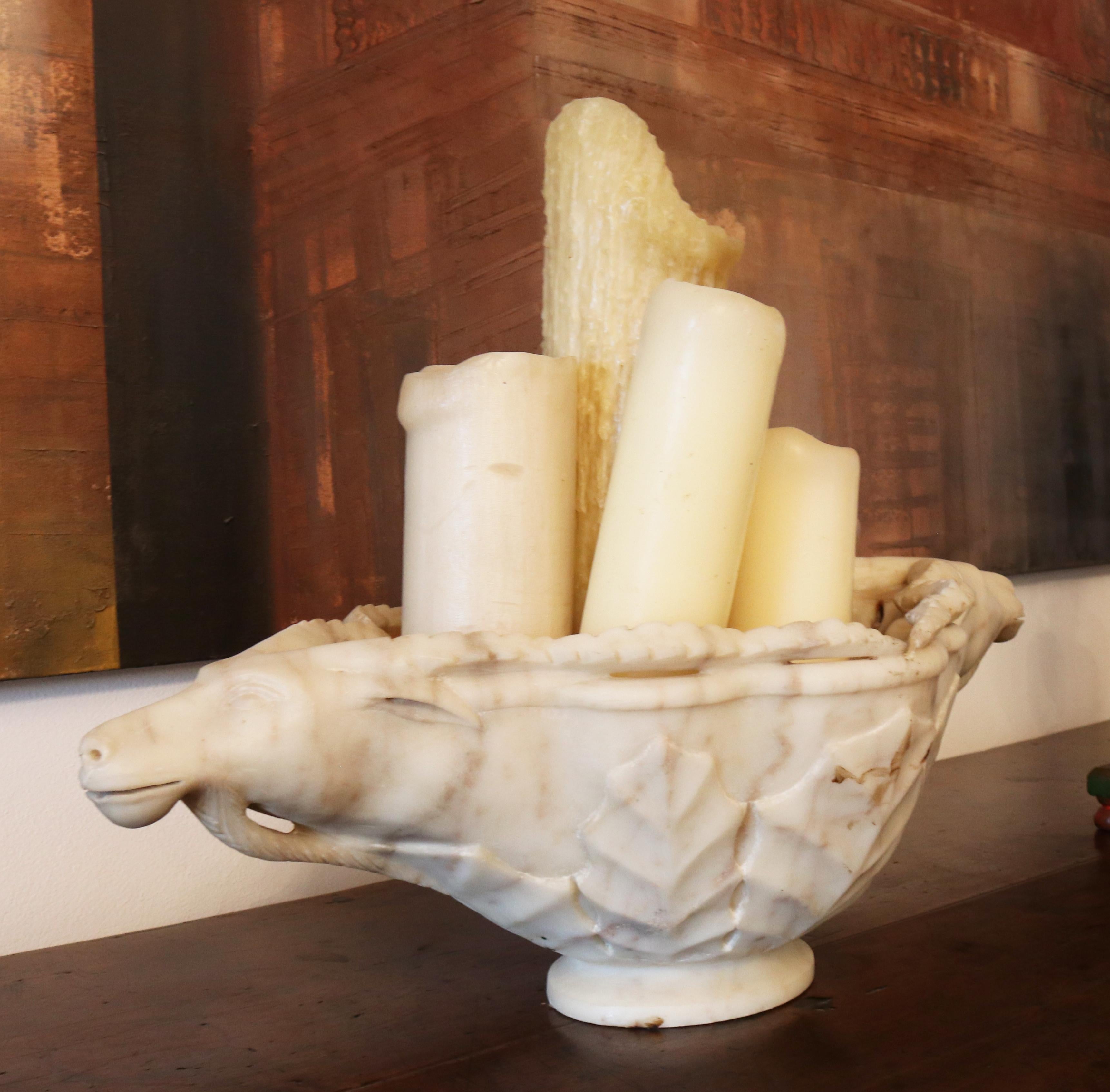 Spanish 19th Century Hand Carved White Marble Conch Bowl with Goat Heads For Sale