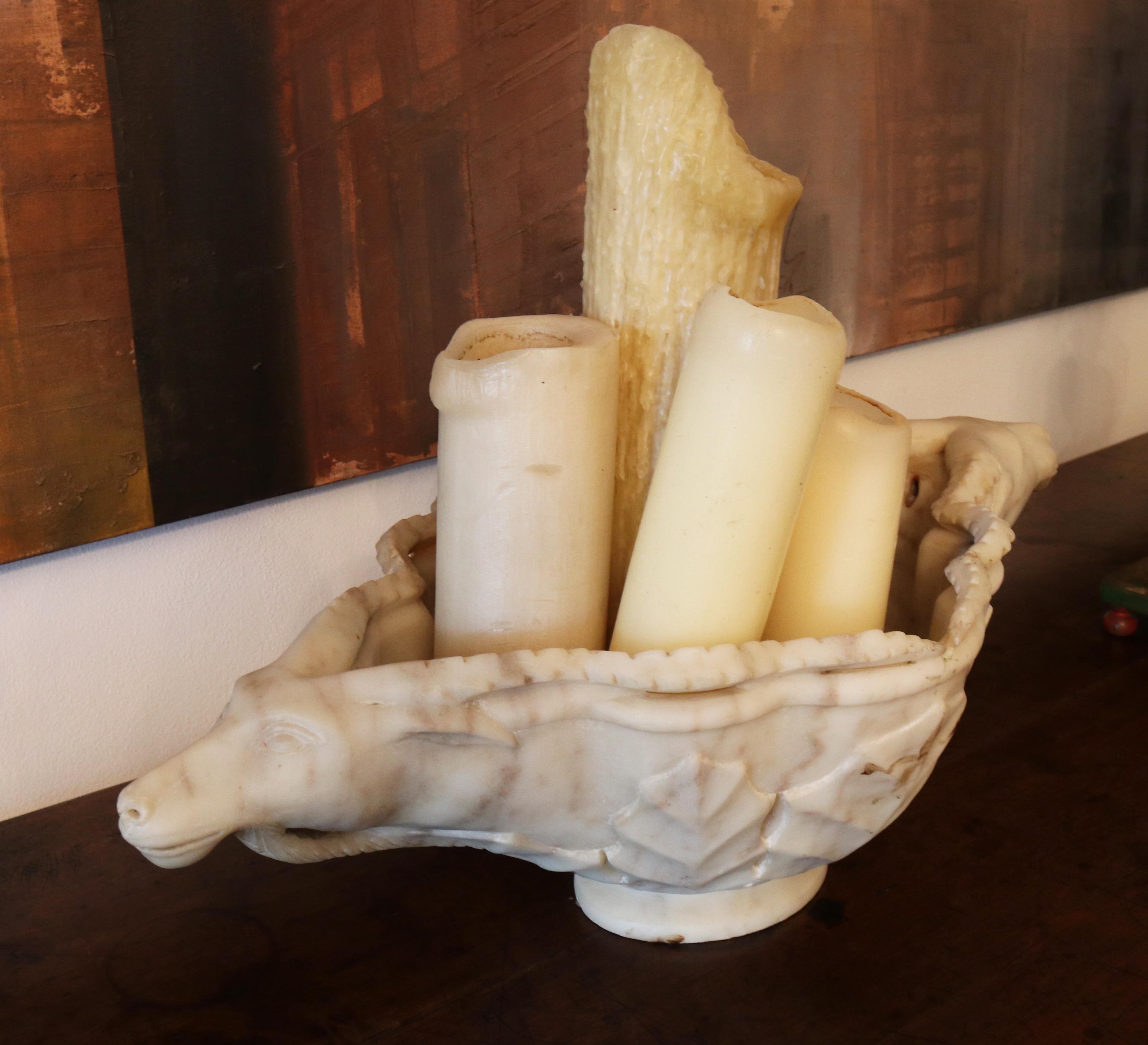 Hand-Carved 19th Century Hand Carved White Marble Conch Bowl with Goat Heads For Sale
