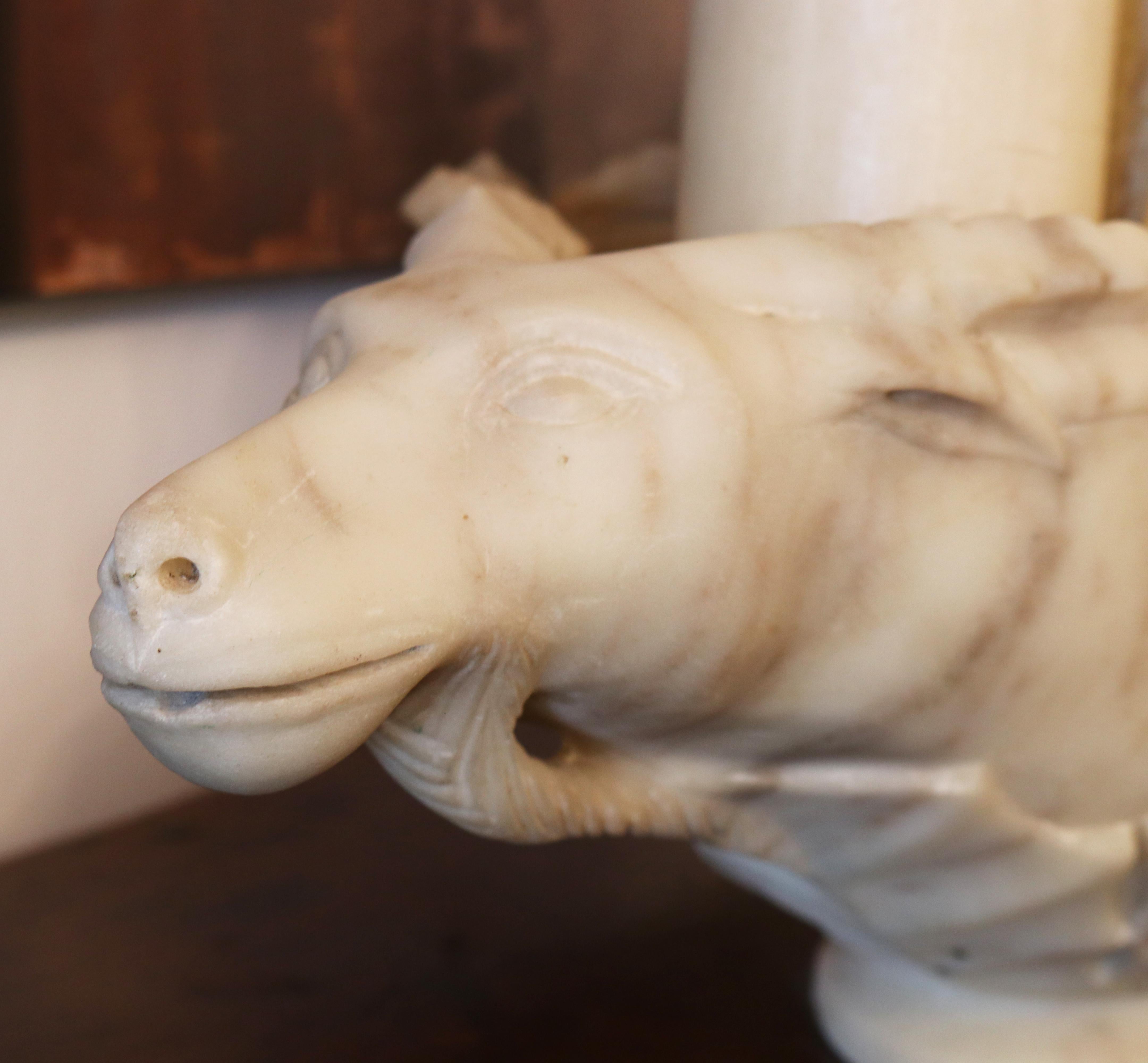 19th Century Hand Carved White Marble Conch Bowl with Goat Heads For Sale 1
