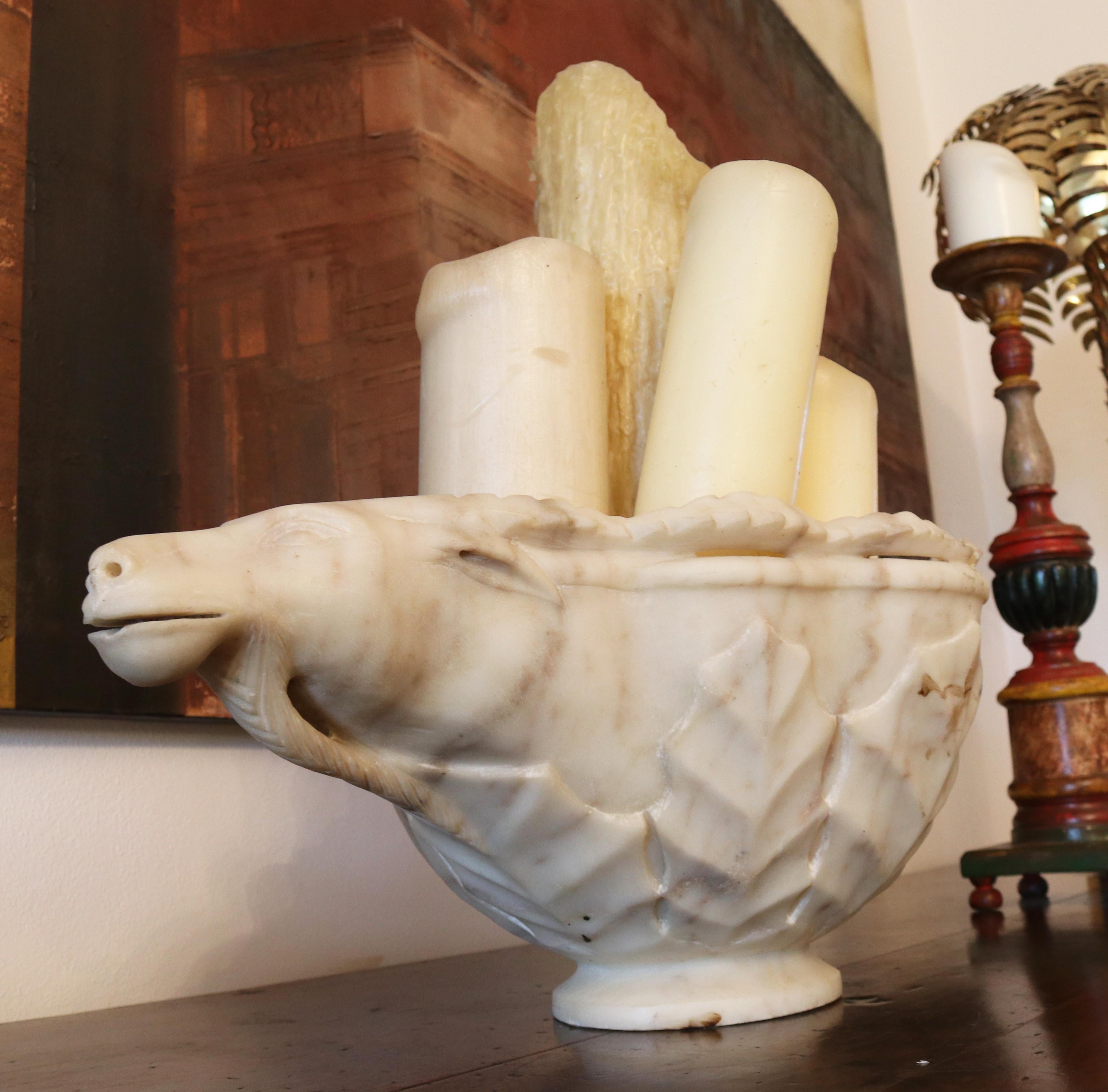 19th Century Hand Carved White Marble Conch Bowl with Goat Heads For Sale 2