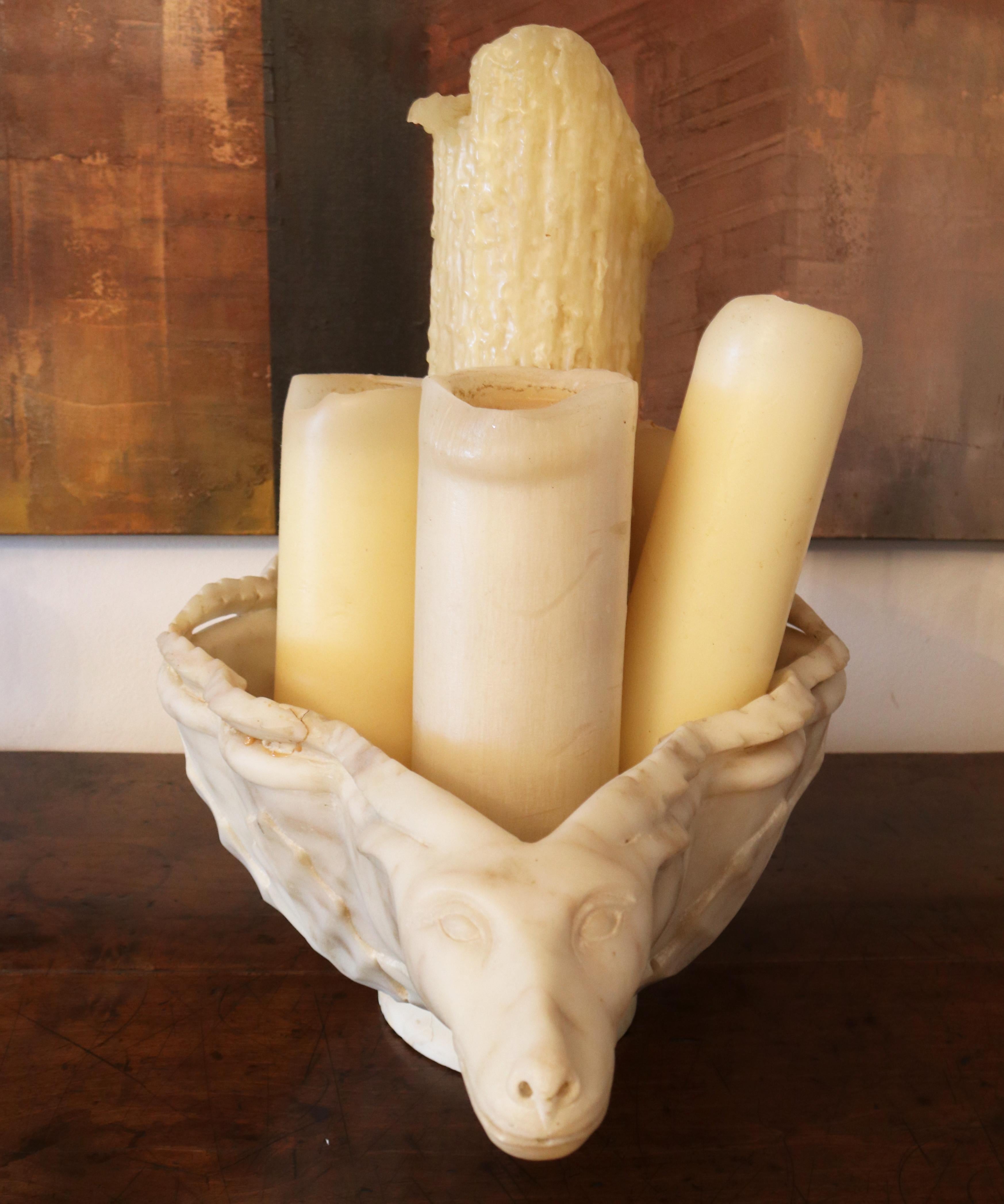 19th Century Hand Carved White Marble Conch Bowl with Goat Heads For Sale 3