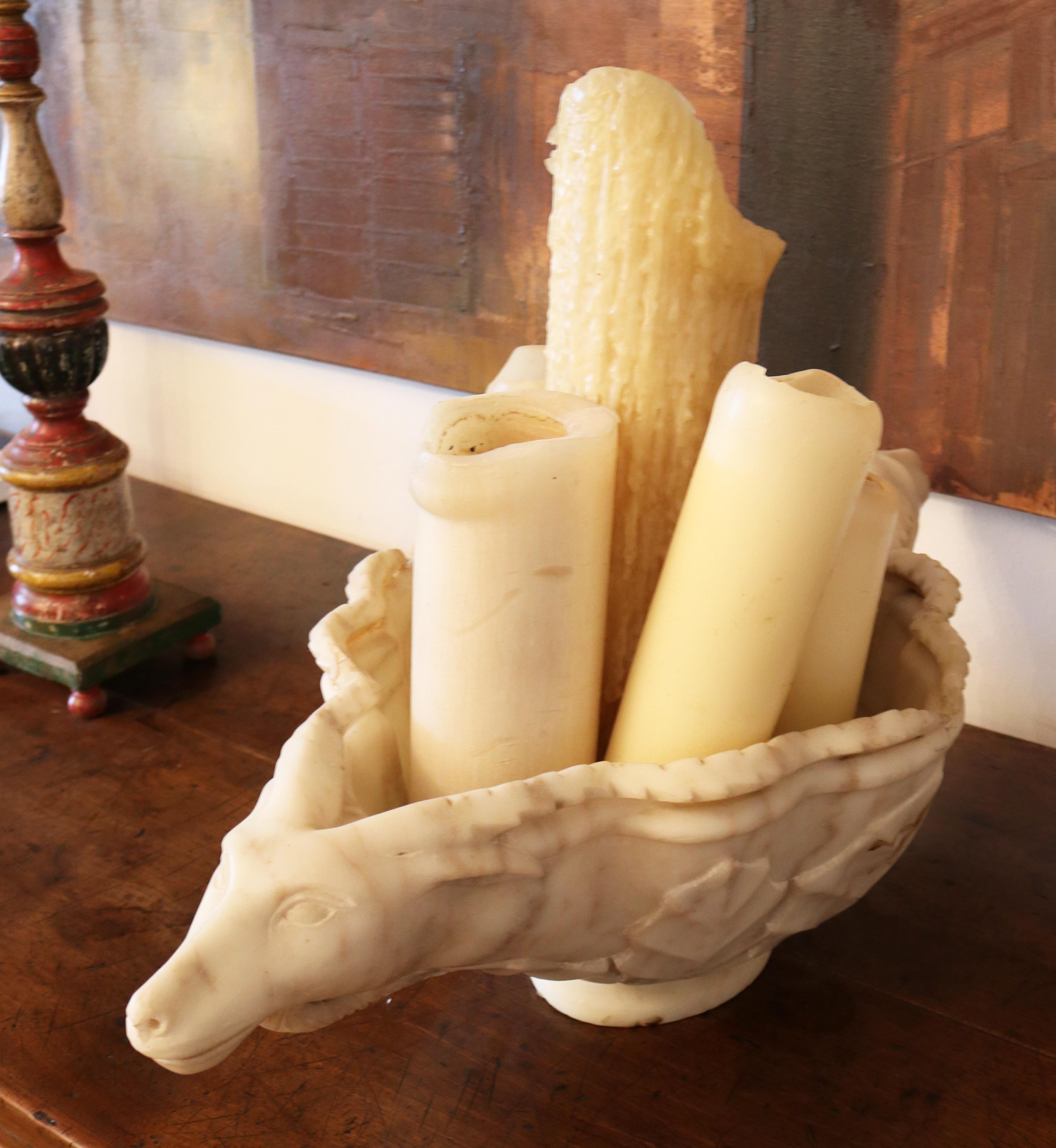 19th Century Hand Carved White Marble Conch Bowl with Goat Heads For Sale 4