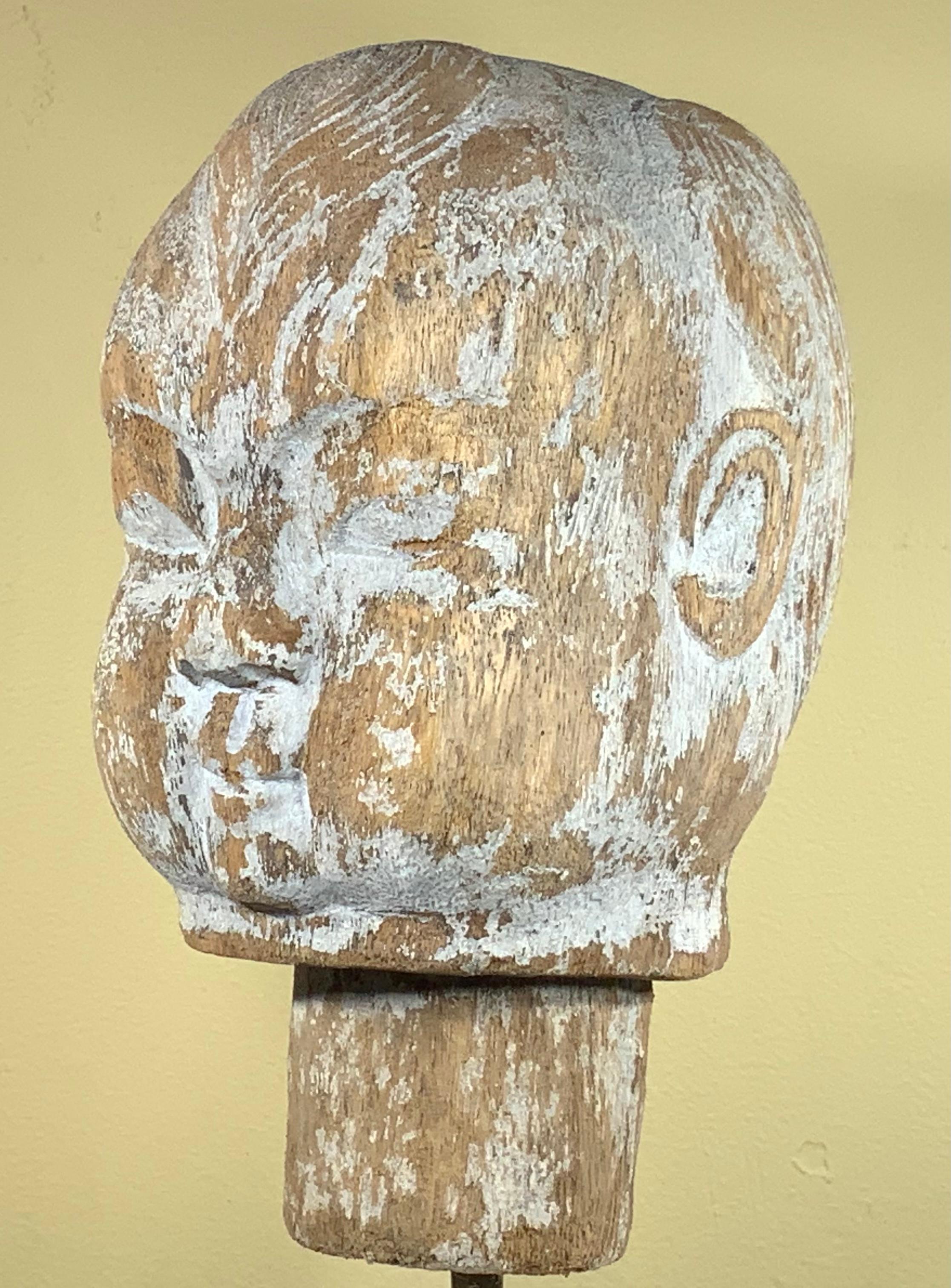 19th Century Hand Carved Wood Baby Monk Face For Sale 5
