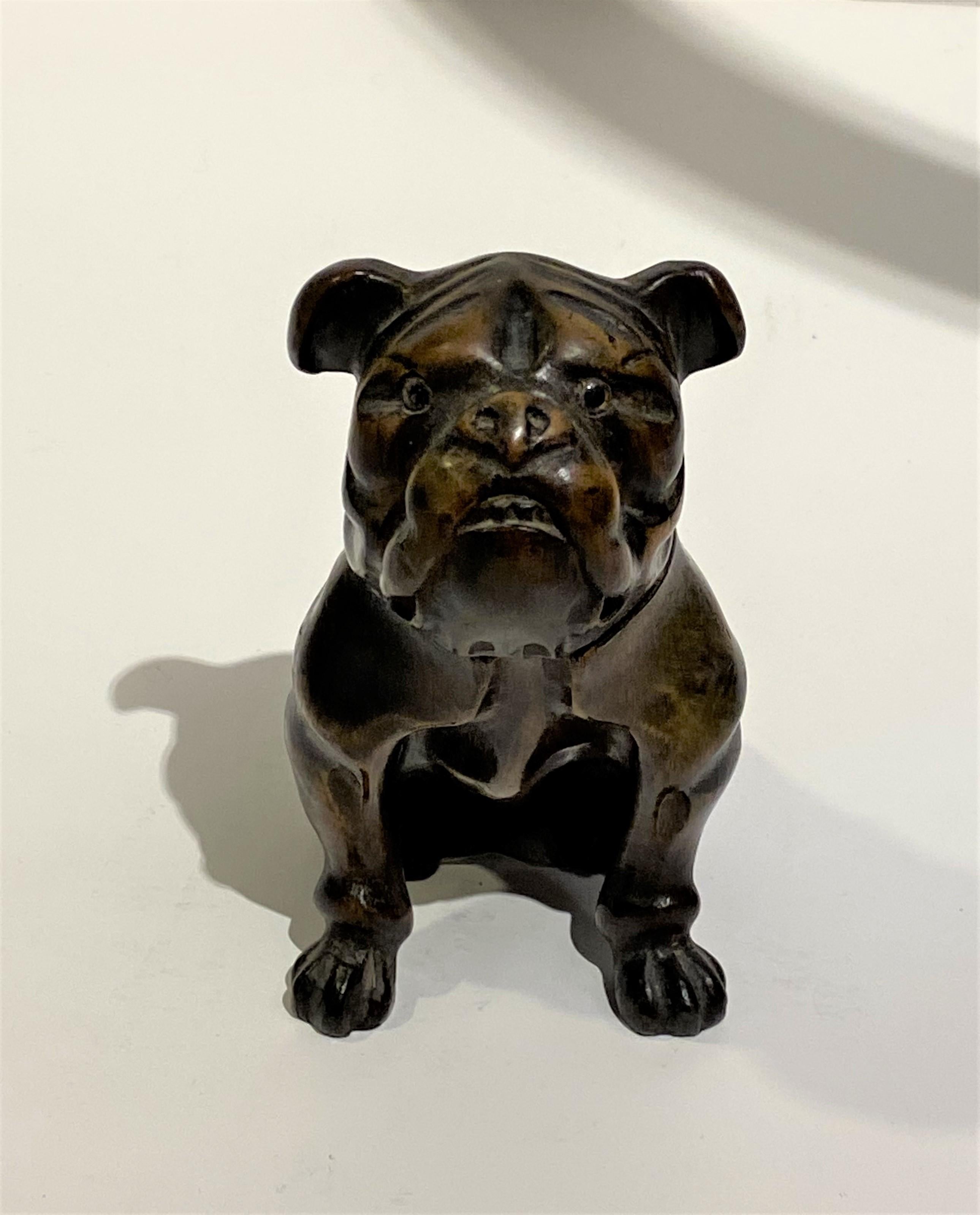 English 19th Century Hand Carved Wood Bulldog Inkwell from England For Sale