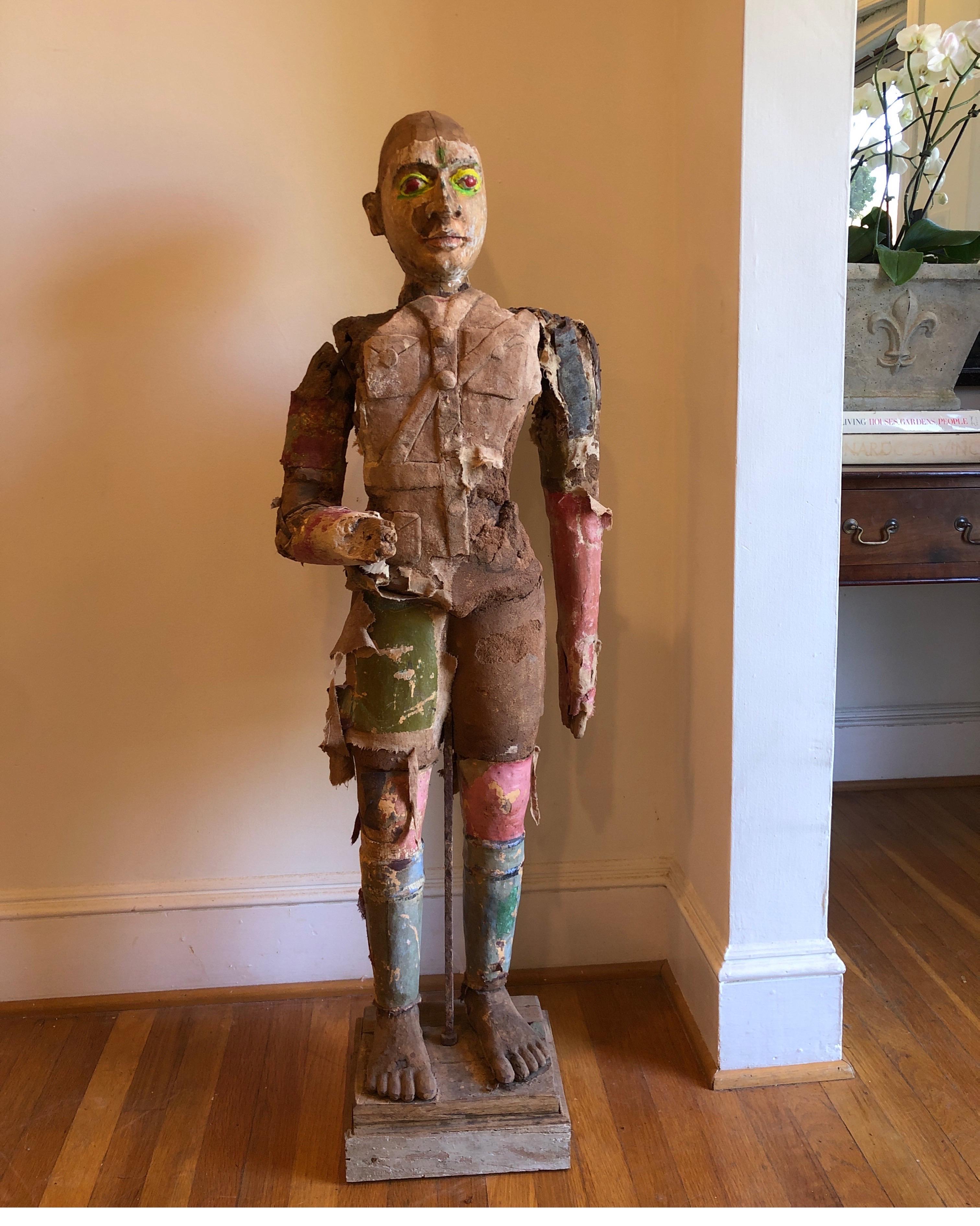 Very unique figure of man with worn details and faded polychrome. 
Signs of heavy deterioration over the years. 

A curiosity/collectors piece.

Please see detailed photos for condition.