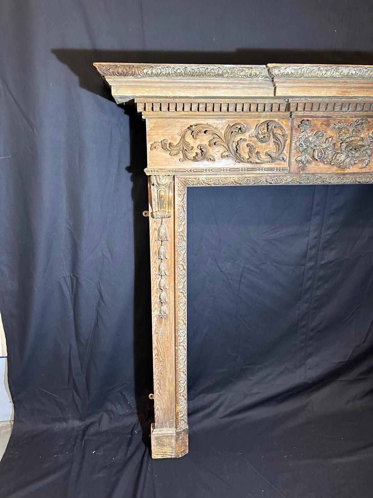 Pine 19th Century Hand carved wooden Fireplace For Sale