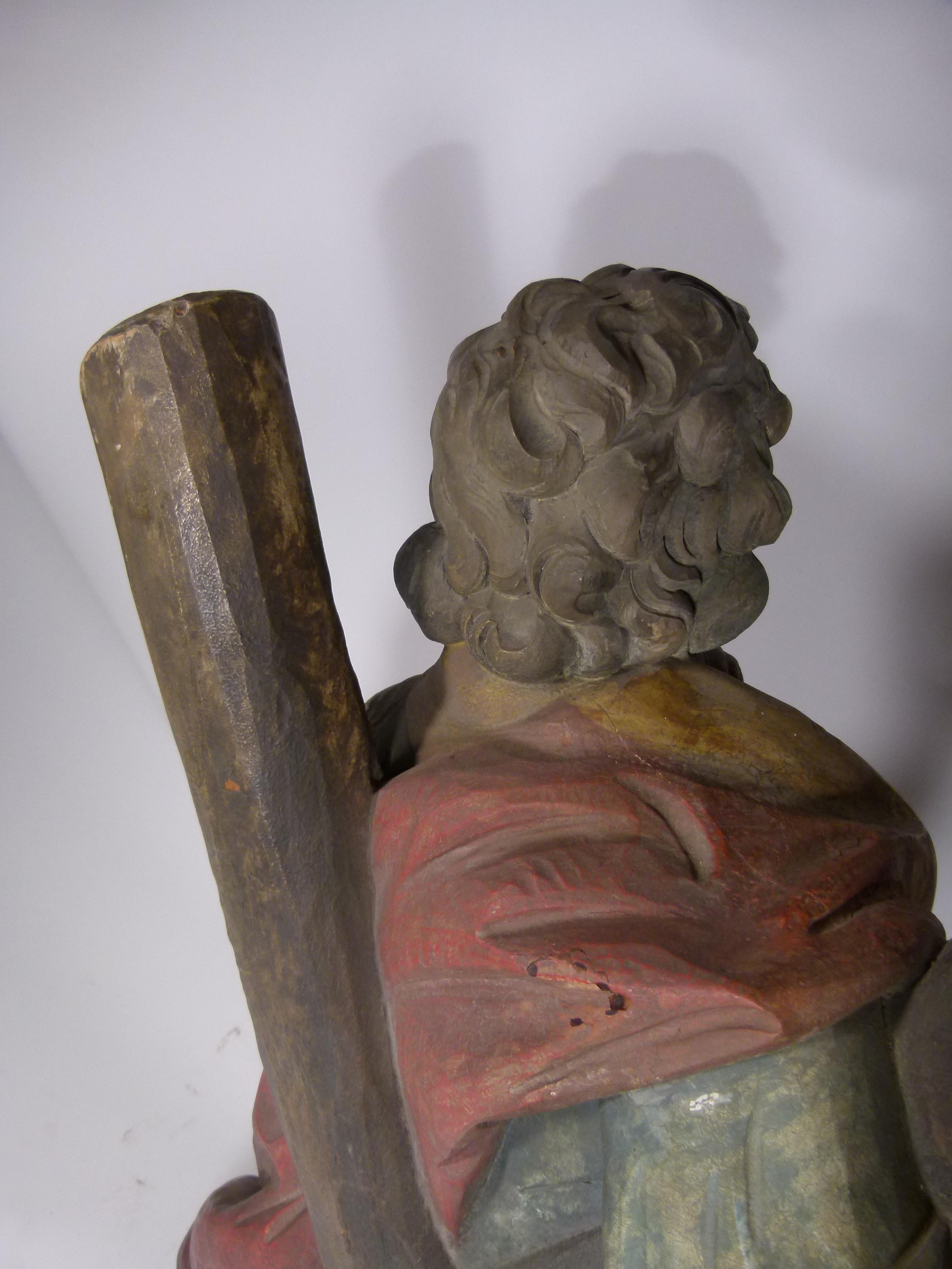 19th Century Hand Carved Wooden Saint Andrew Sculpture 1