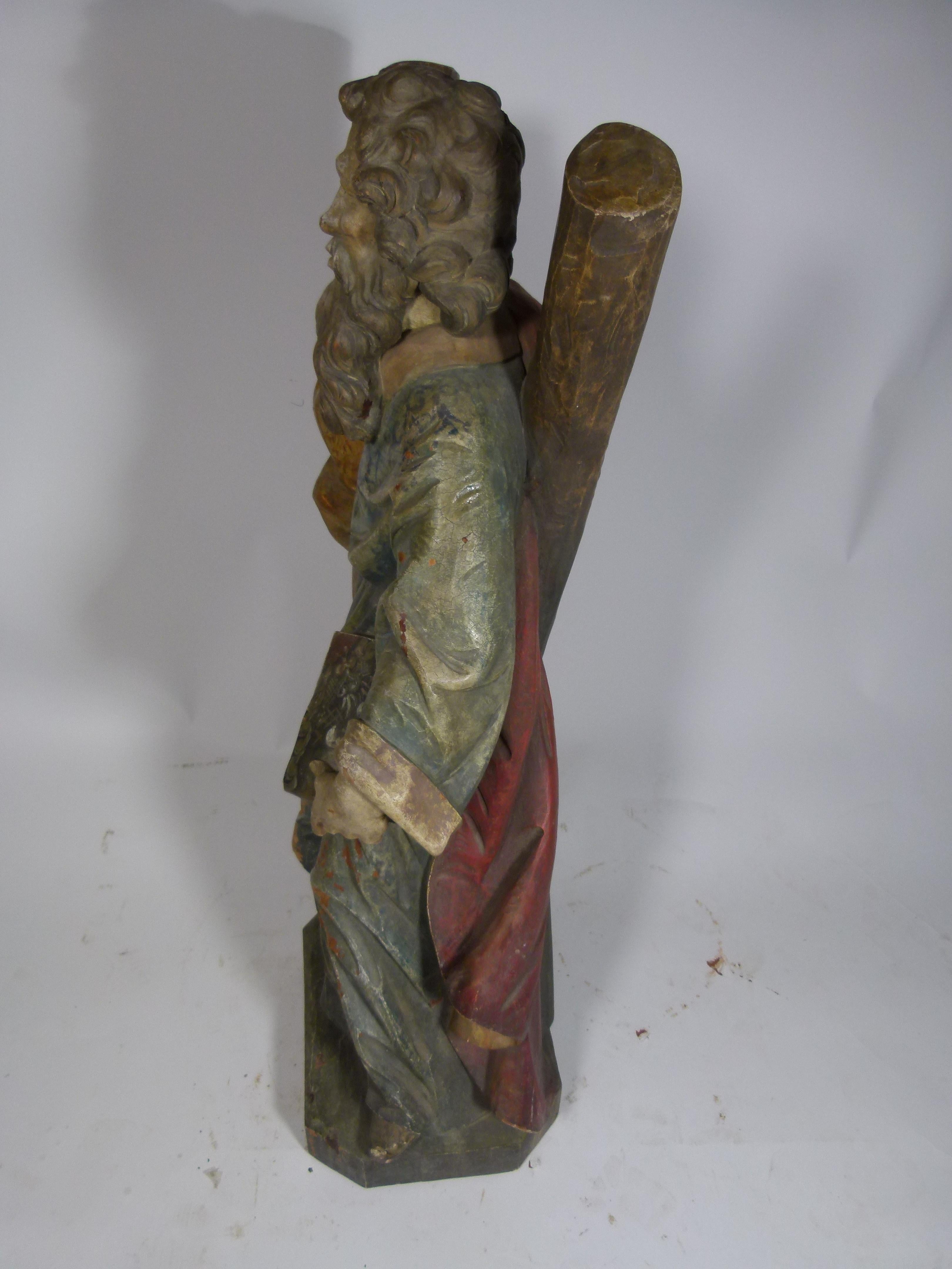 19th Century Hand Carved Wooden Saint Andrew Sculpture 3