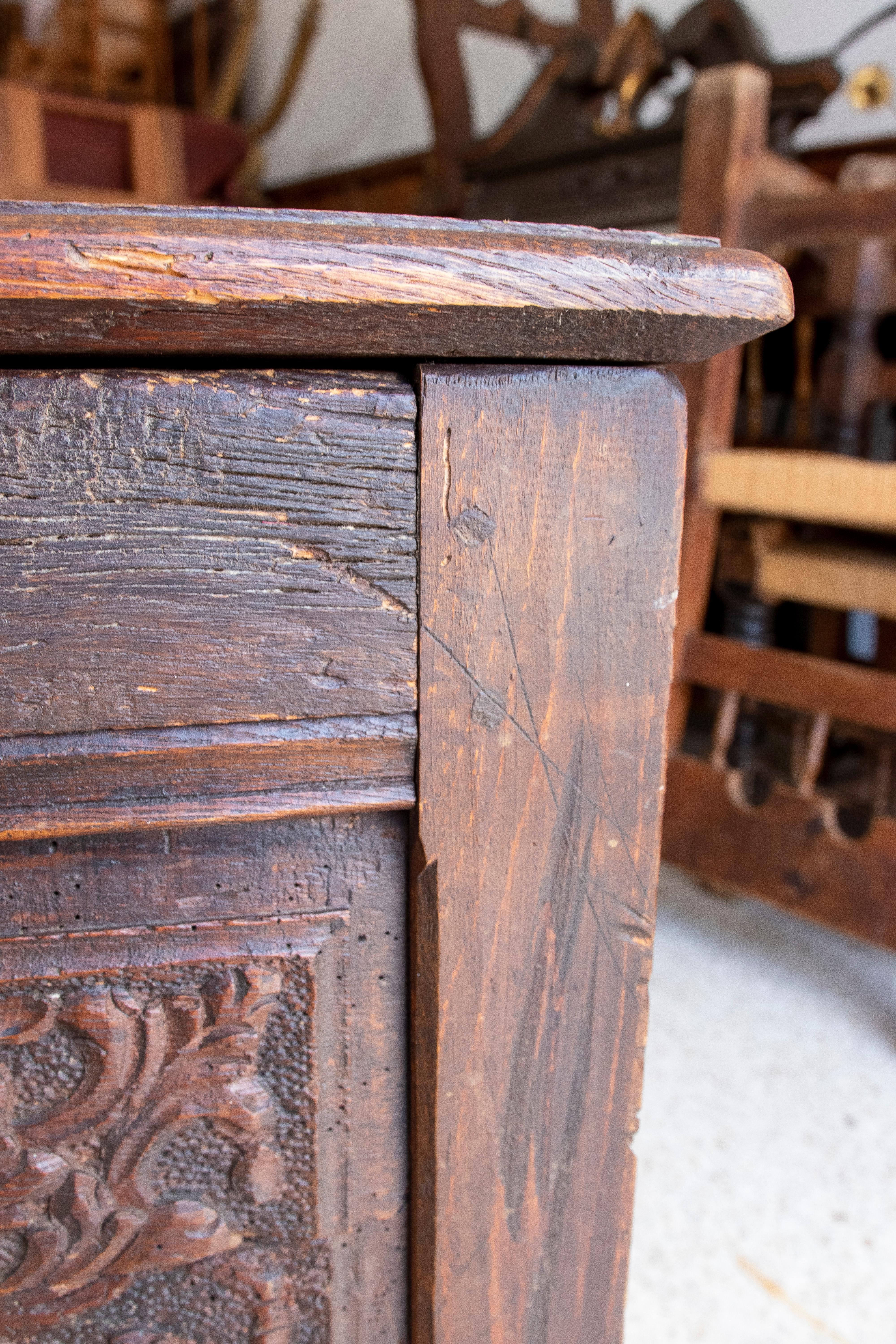 19th Century Hand-Carved Wooden Trunk For Sale 8