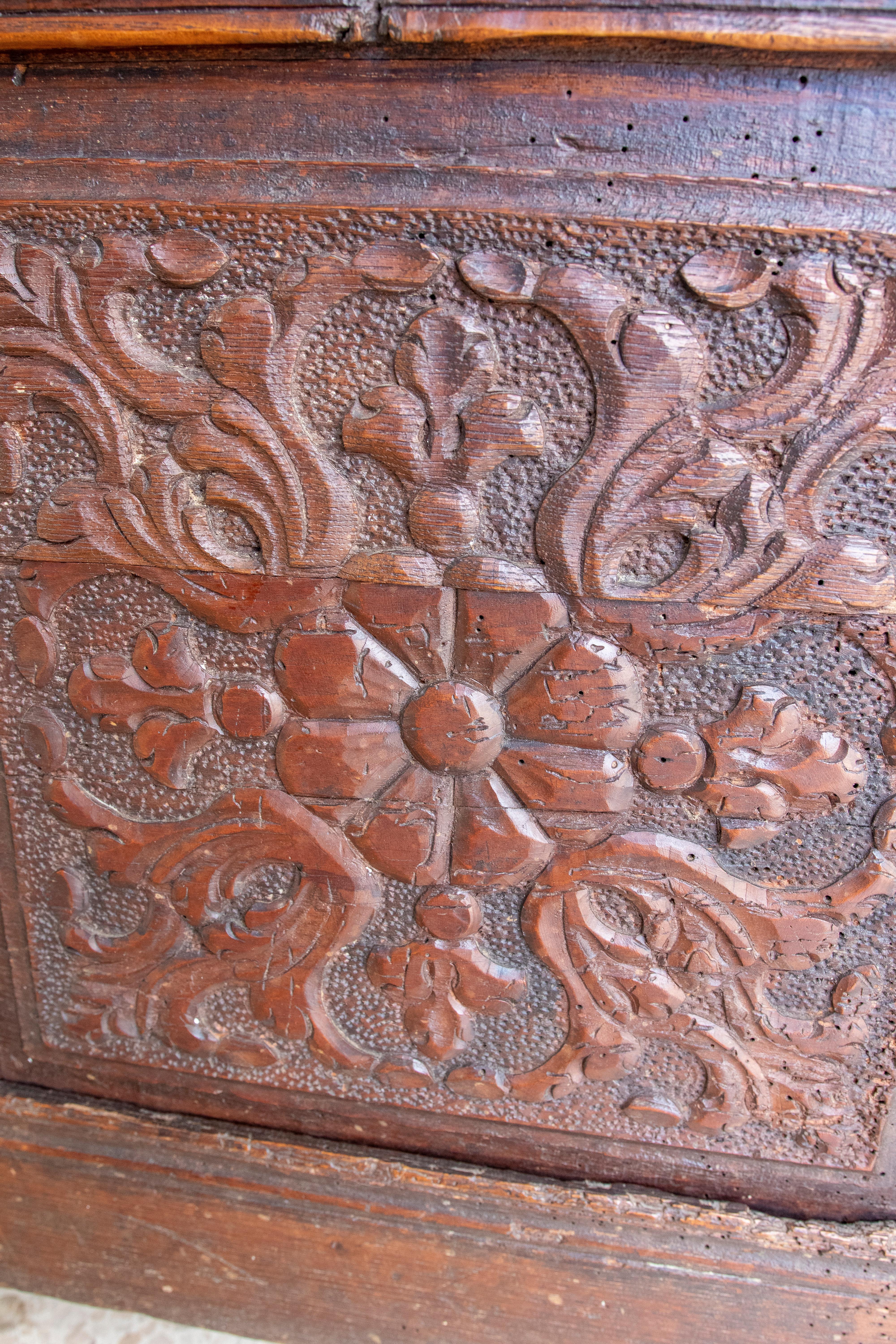 19th Century Hand-Carved Wooden Trunk For Sale 9