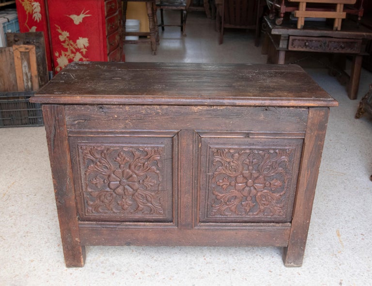 19th Century HandCarved Wooden Trunk For Sale at 1stDibs
